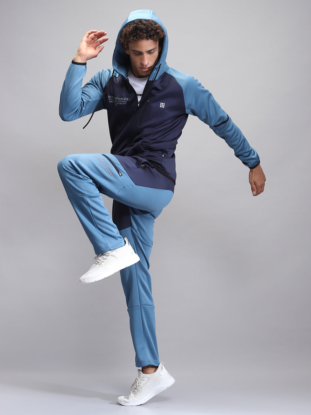 Rock.it Men Navy Blue Printed Hooded Full Sleeve Winter Tracksuit