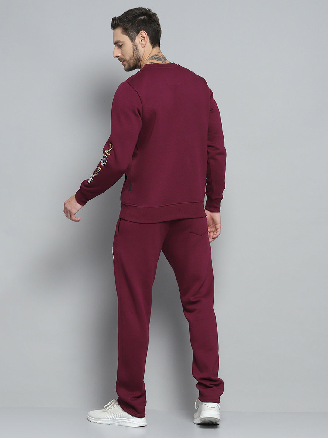 Rock.it Men Maroon Printed Round Neck Full Sleeve Winter Tracksuit