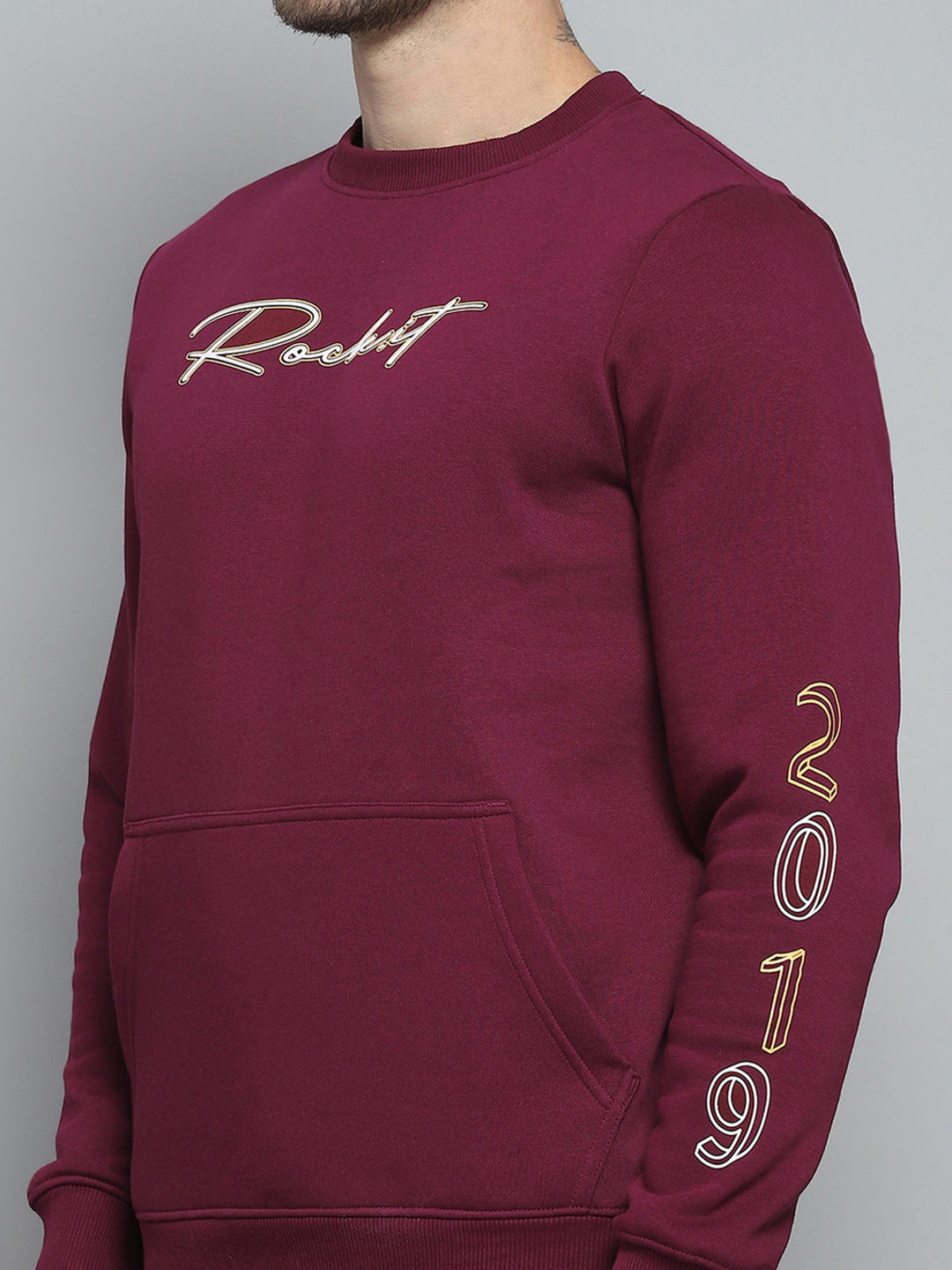 Rock.it Men Maroon Printed Round Neck Full Sleeve Winter Tracksuit