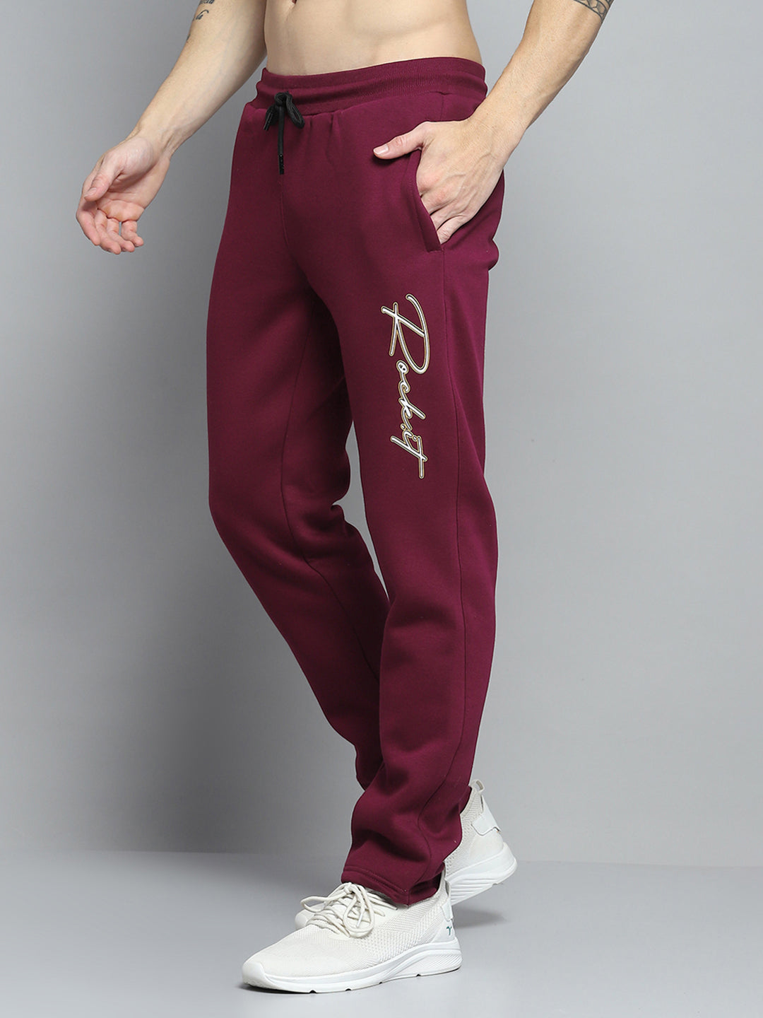Rock.it Men Maroon Printed Round Neck Full Sleeve Winter Tracksuit