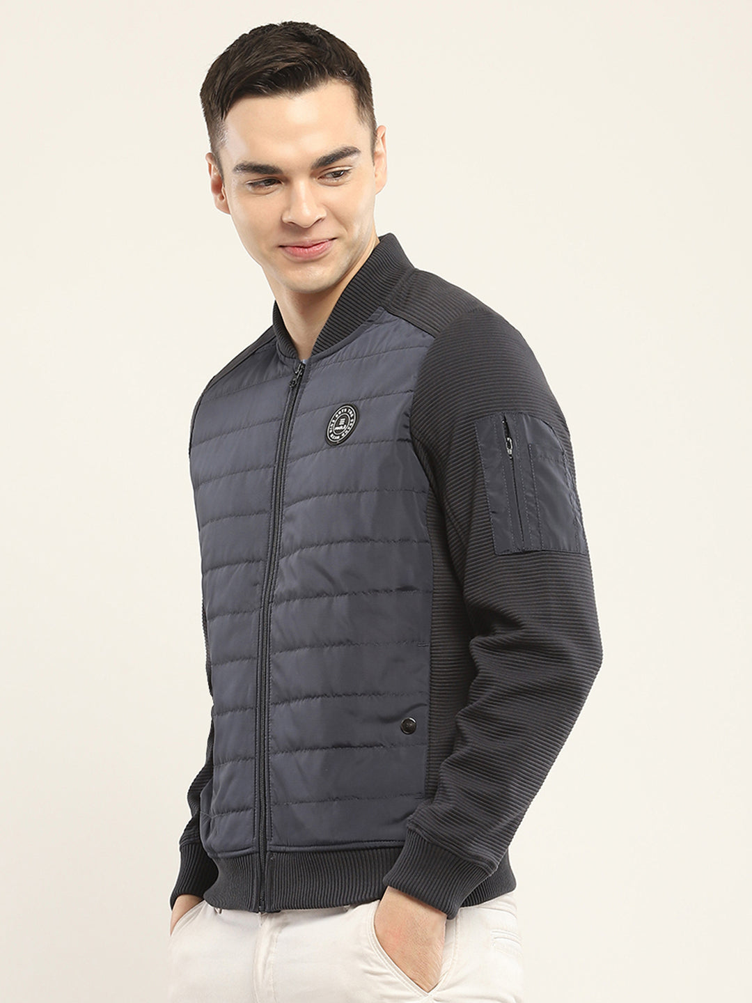 Rock.it Men Navy Blue Solid Band Collar Full Sleeve Jacket