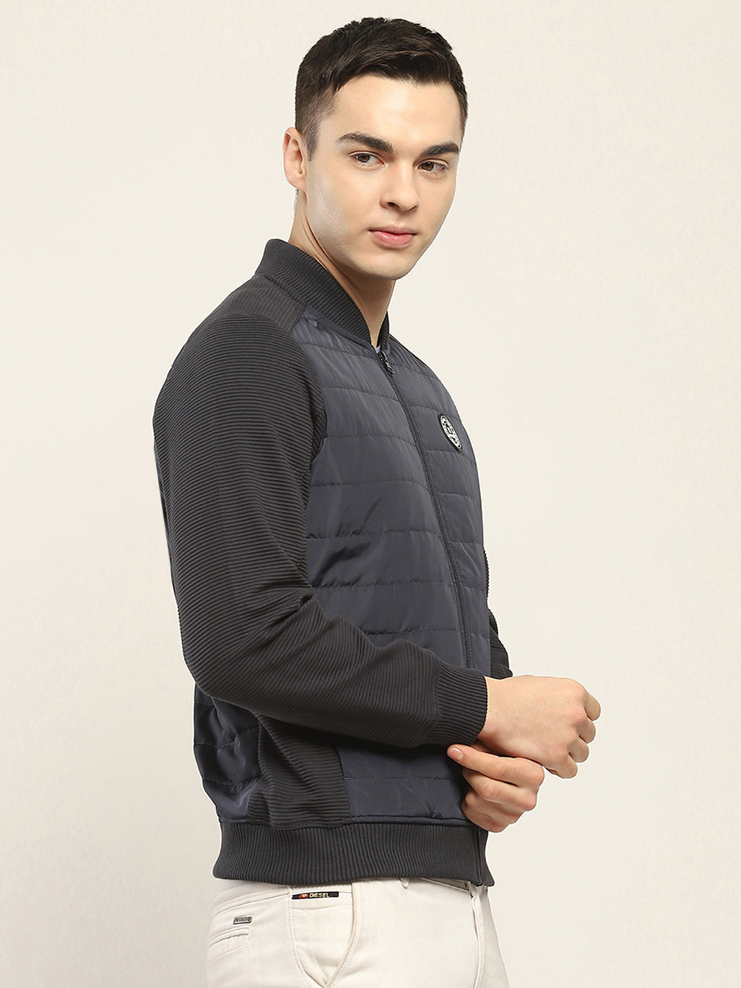 Rock.it Men Navy Blue Solid Band Collar Full Sleeve Jacket