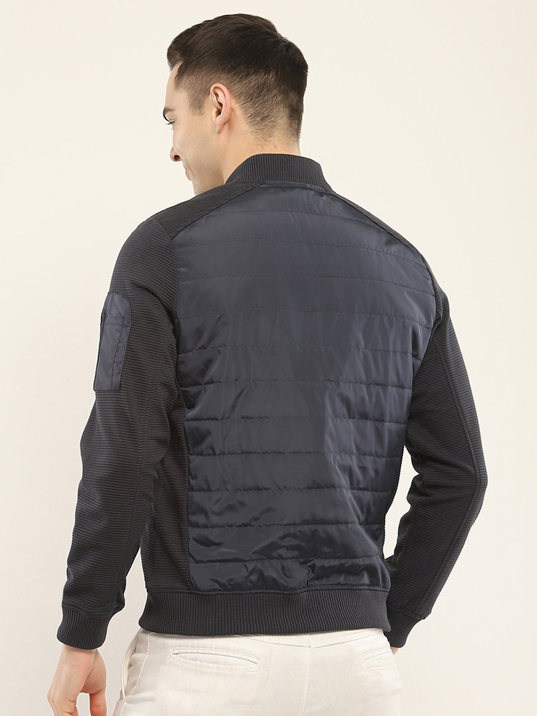 Rock.it Men Navy Blue Solid Band Collar Full Sleeve Jacket