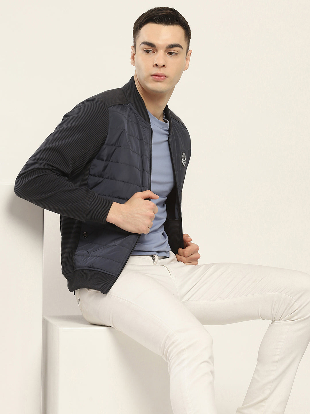 Rock.it Men Navy Blue Solid Band Collar Full Sleeve Jacket