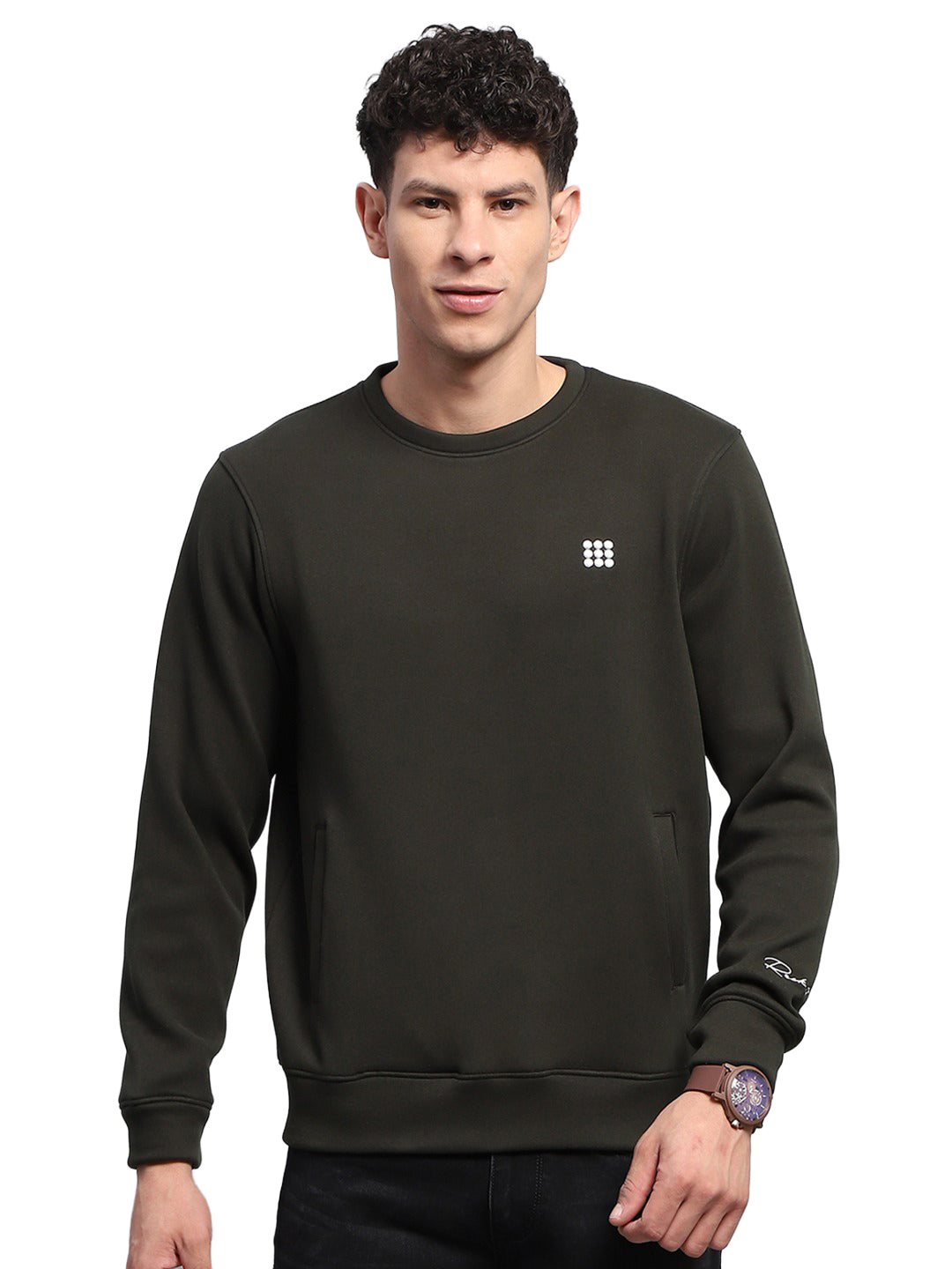 Rock.it Men Olive Solid Round Neck Full Sleeve Sweatshirt