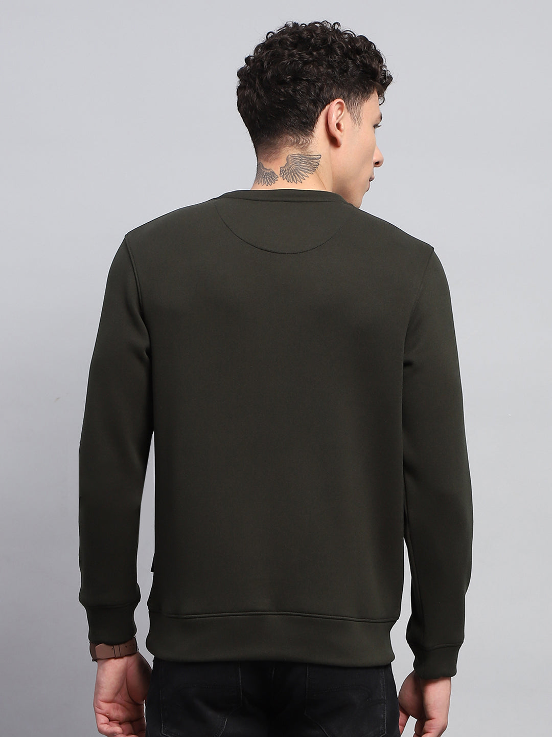 Rock.it Men Olive Solid Round Neck Full Sleeve Sweatshirt
