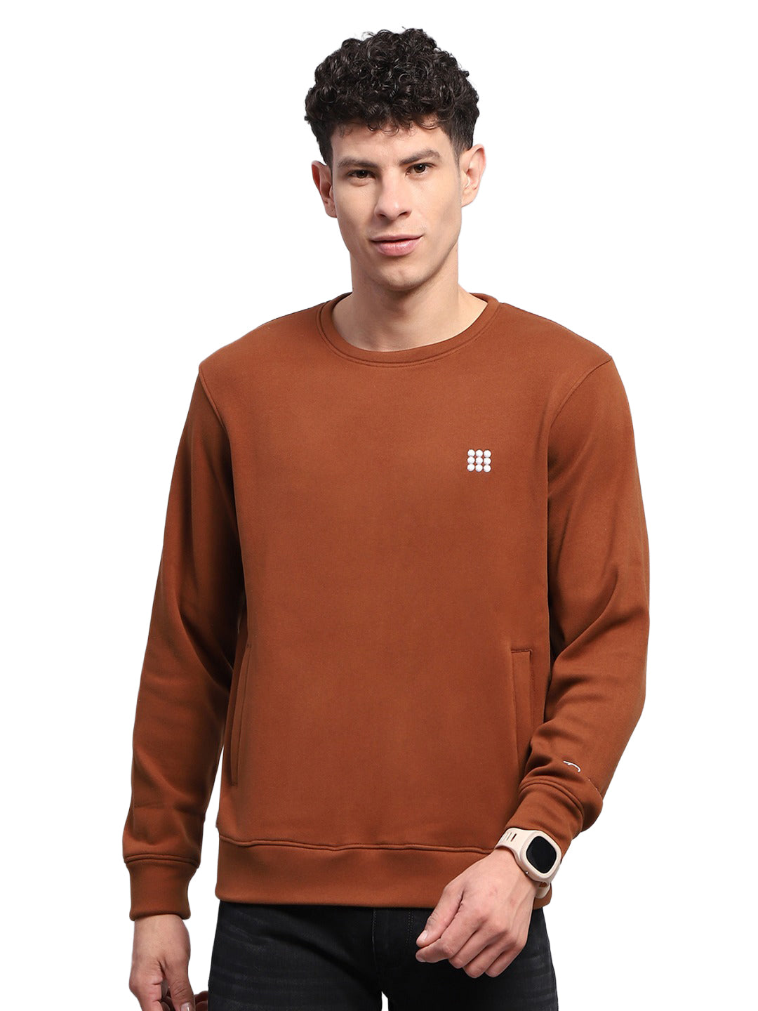 Rock.it Men Rust Solid Round Neck Full Sleeve Sweatshirt