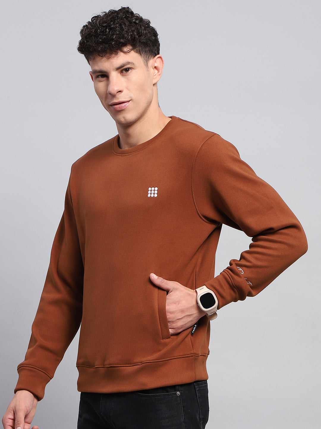 Rock.it Men Rust Solid Round Neck Full Sleeve Sweatshirt