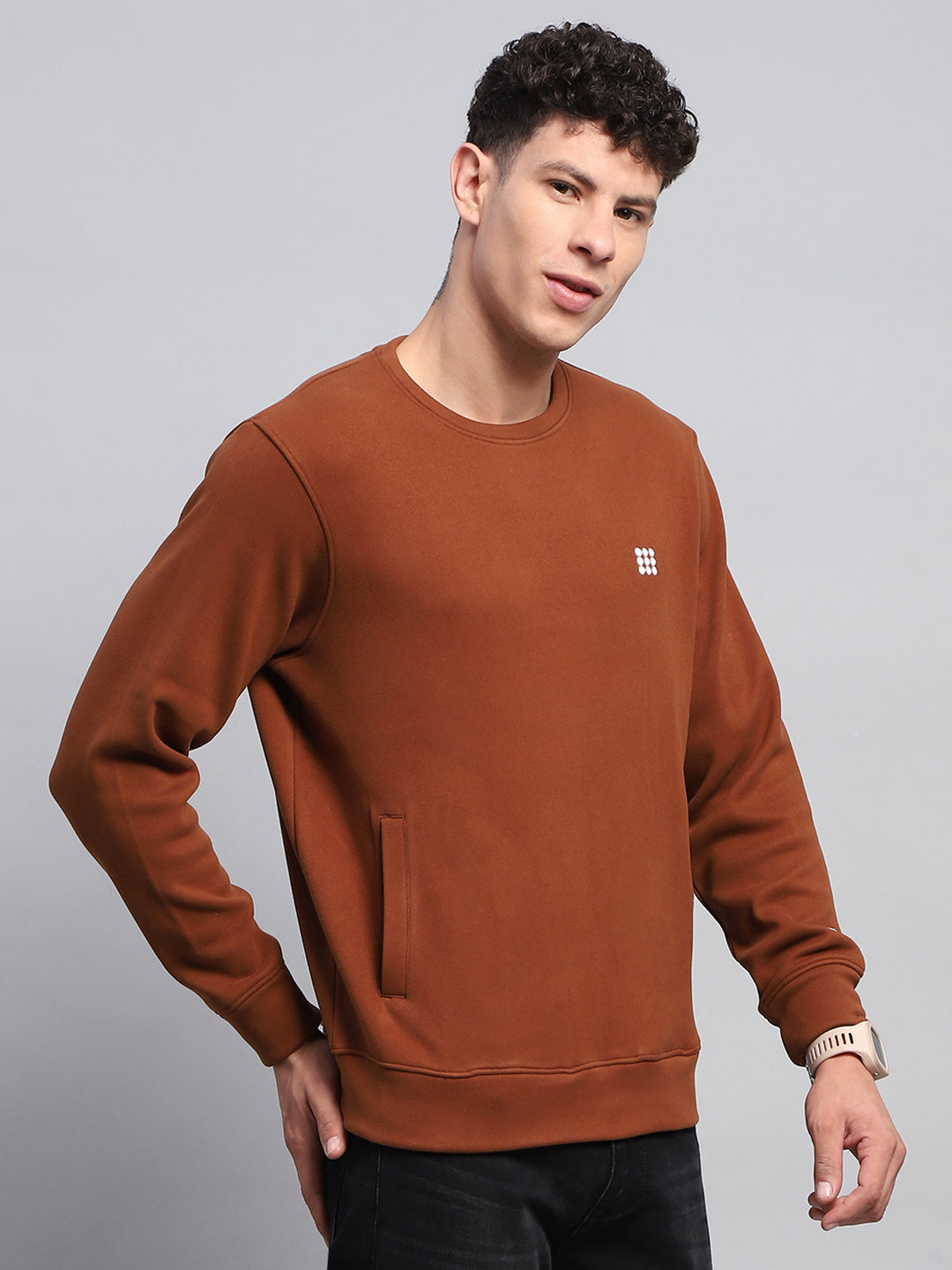 Rock.it Men Rust Solid Round Neck Full Sleeve Sweatshirt