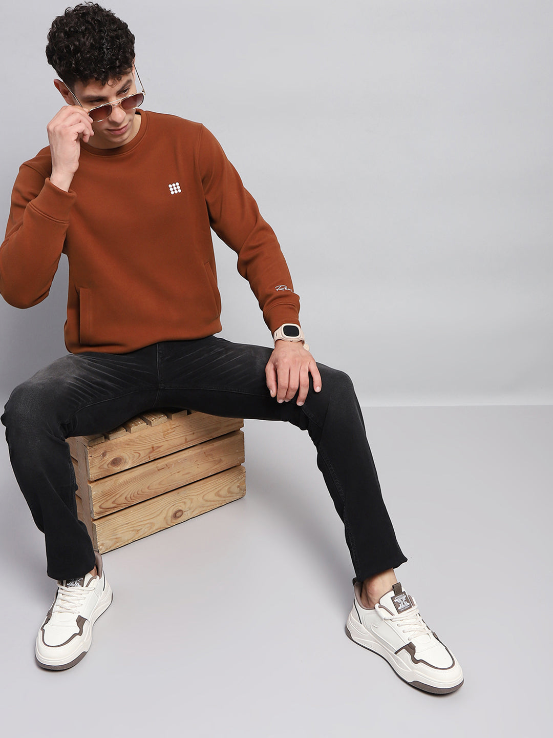 Rock.it Men Rust Solid Round Neck Full Sleeve Sweatshirt