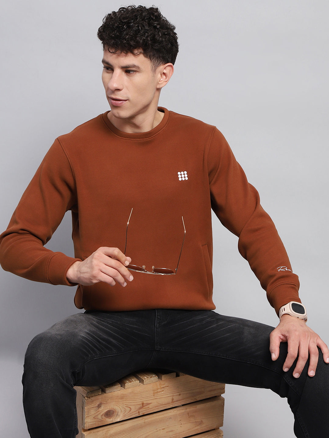 Rock.it Men Rust Solid Round Neck Full Sleeve Sweatshirt