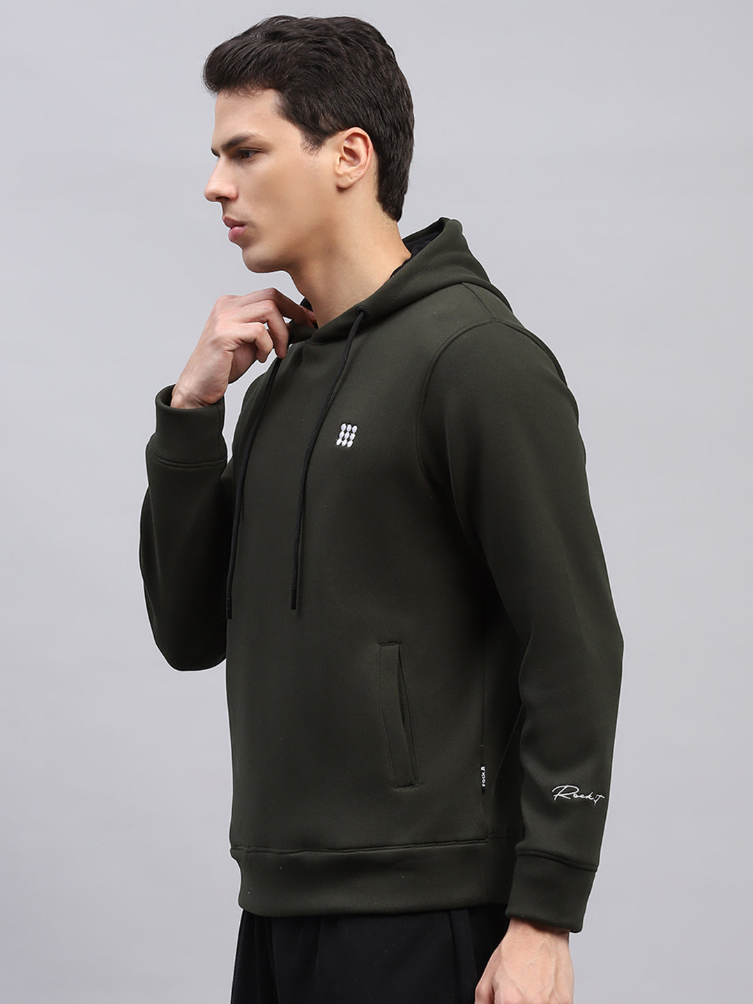 Rock.it Men Olive Solid Hooded Full Sleeve Sweatshirt