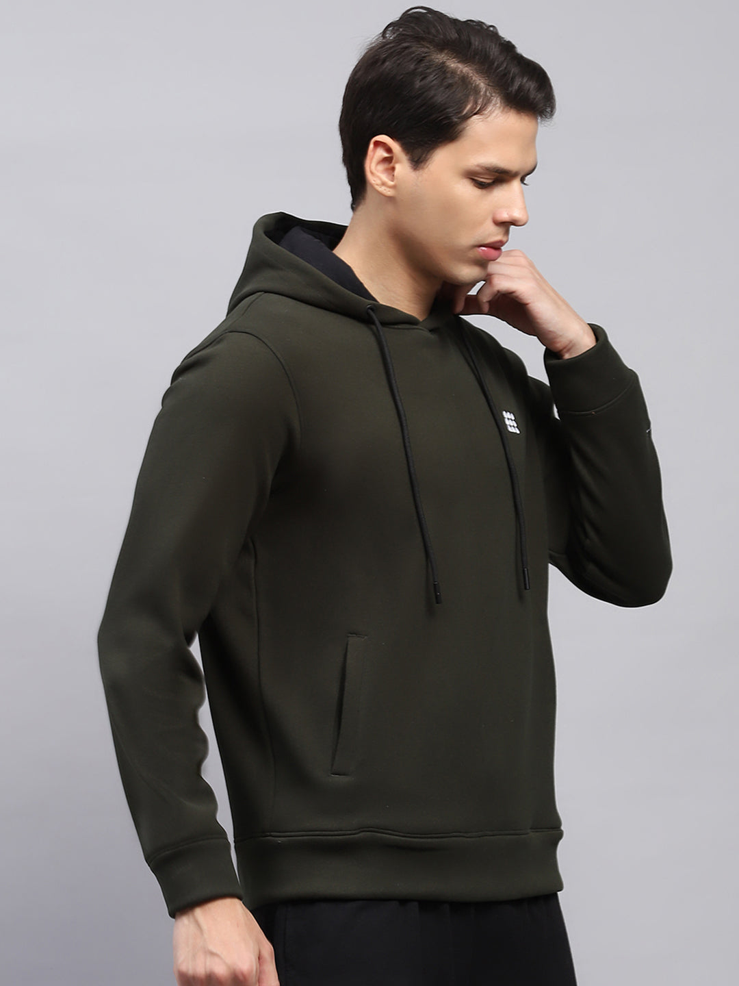Rock.it Men Olive Solid Hooded Full Sleeve Sweatshirt