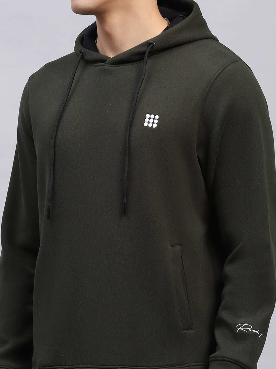 Rock.it Men Olive Solid Hooded Full Sleeve Sweatshirt