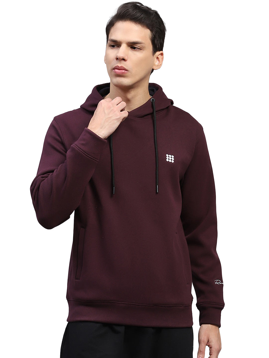 Rock.it Men Maroon Solid Hooded Full Sleeve Sweatshirt
