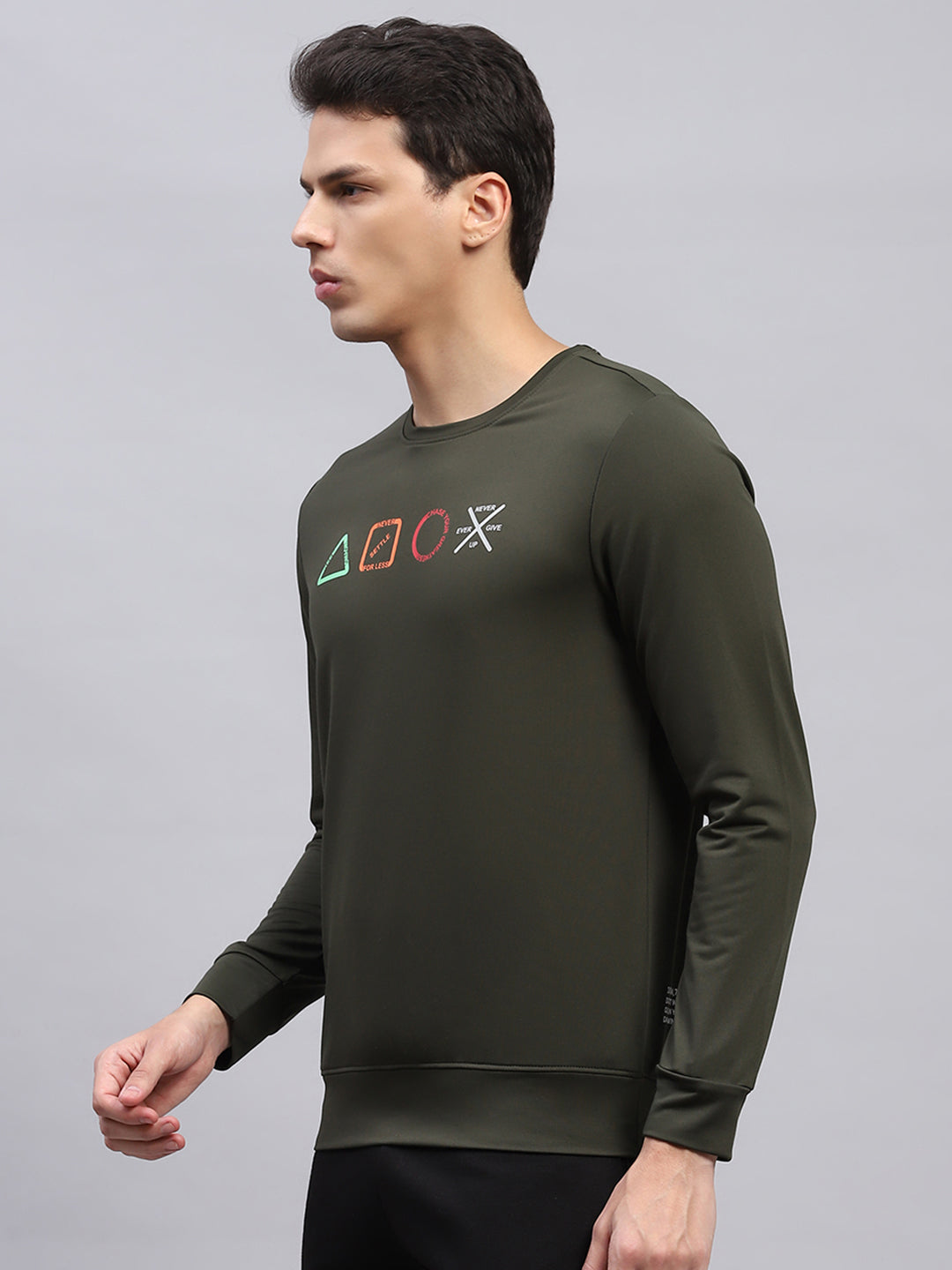 Rock.it Men Olive Printed Round Neck Full Sleeve Sweatshirt