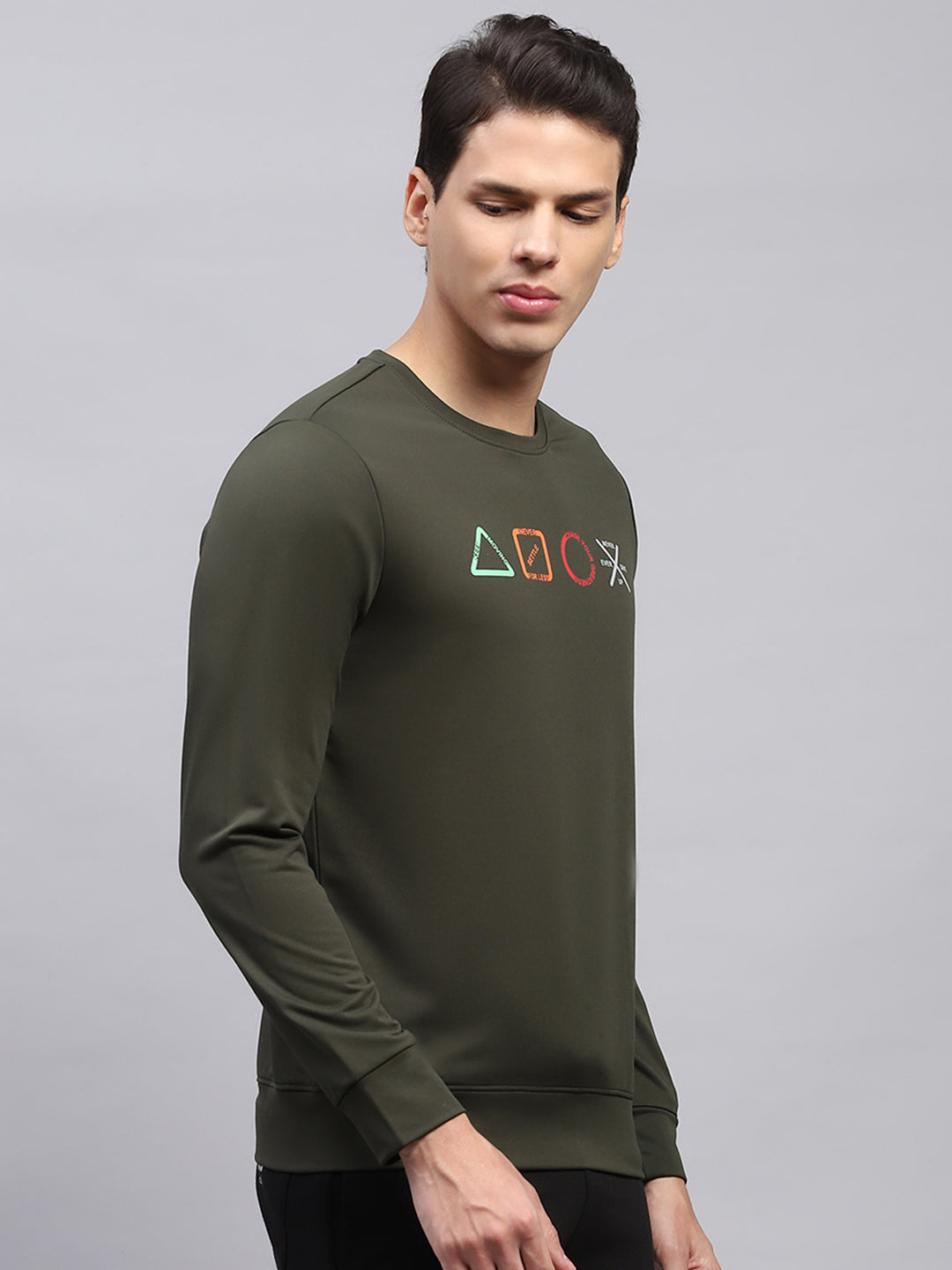 Rock.it Men Olive Printed Round Neck Full Sleeve Sweatshirt