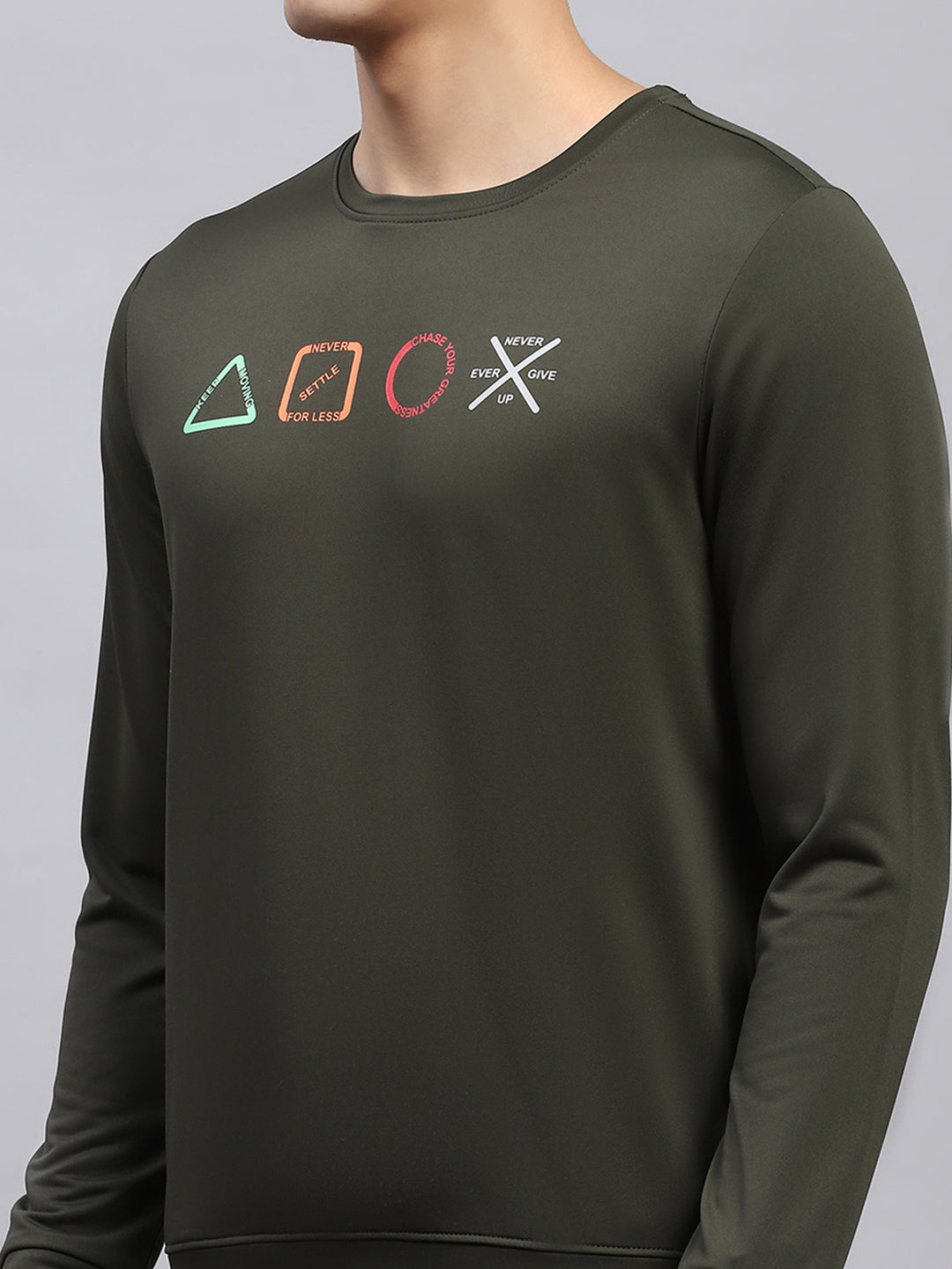 Rock.it Men Olive Printed Round Neck Full Sleeve Sweatshirt