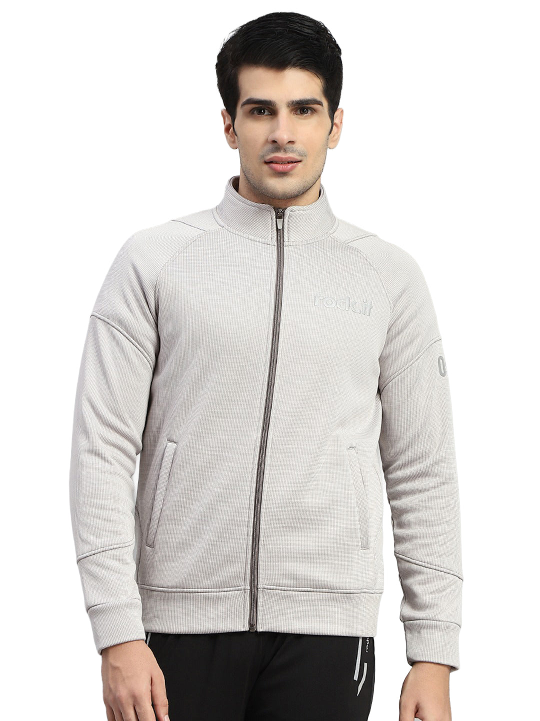 Rock.it Men Grey Self Design Turtle Neck Full Sleeve Sweatshirt