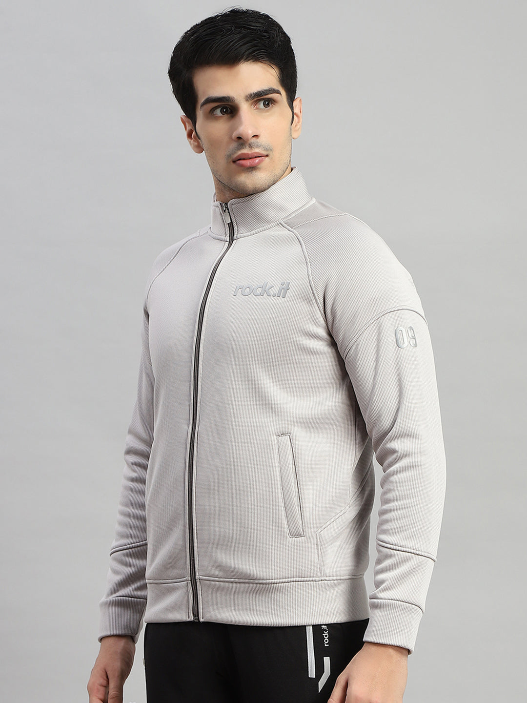 Rock.it Men Grey Self Design Turtle Neck Full Sleeve Sweatshirt