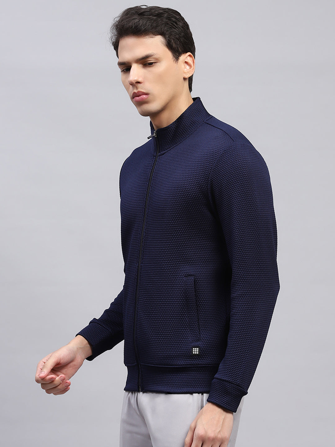 Rock.it Men Navy Blue Self Design Turtle Neck Full Sleeve Sweatshirt