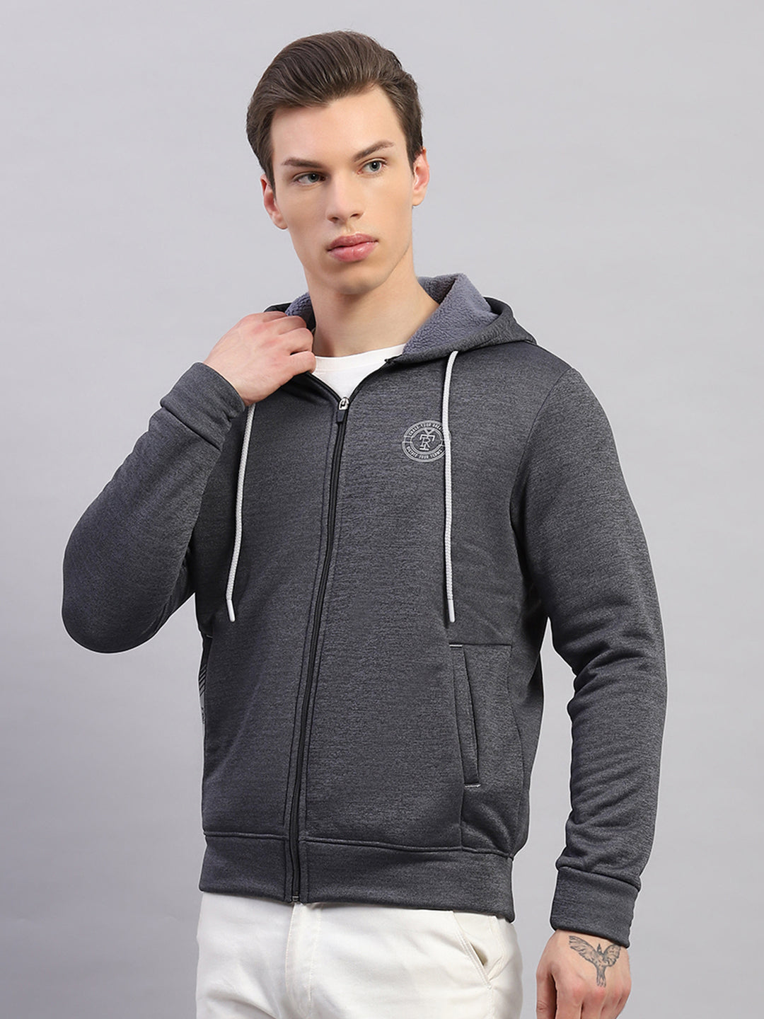 Rock.it Men Charcoal Self Design Hooded Full Sleeve Sweatshirt
