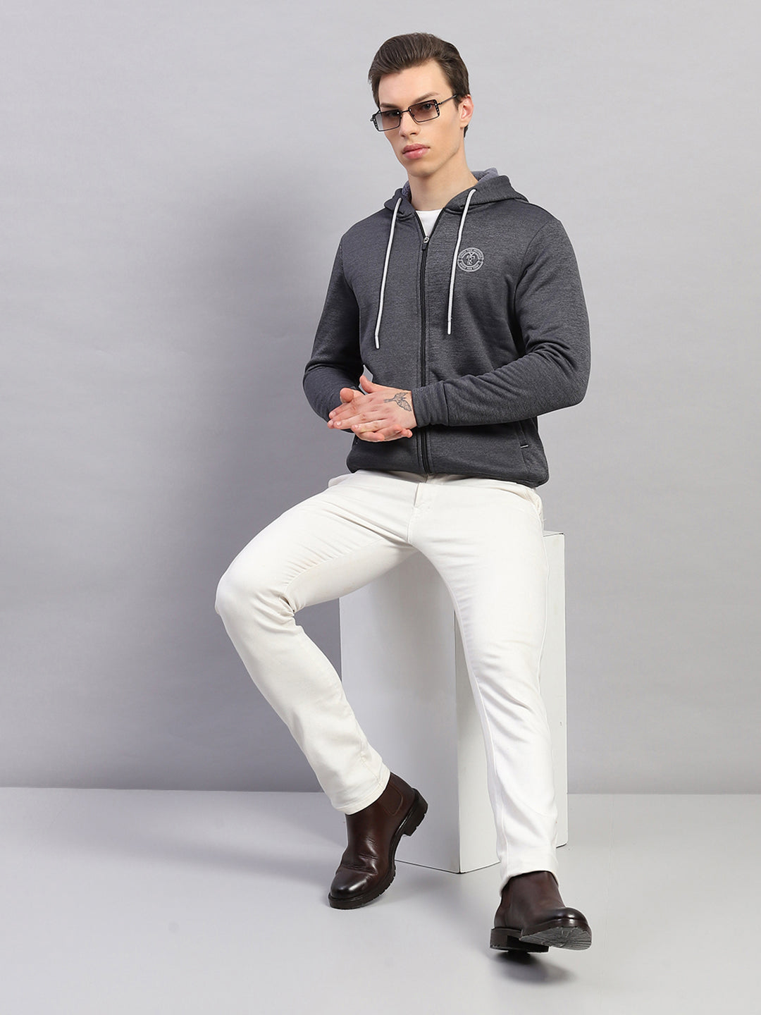 Rock.it Men Charcoal Self Design Hooded Full Sleeve Sweatshirt