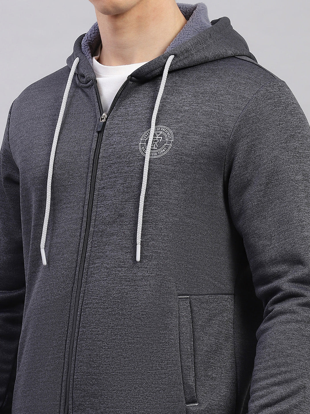 Rock.it Men Charcoal Self Design Hooded Full Sleeve Sweatshirt