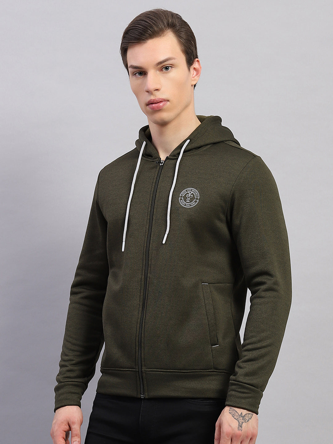 Rock.it Men Olive Self Design Hooded Full Sleeve Sweatshirt