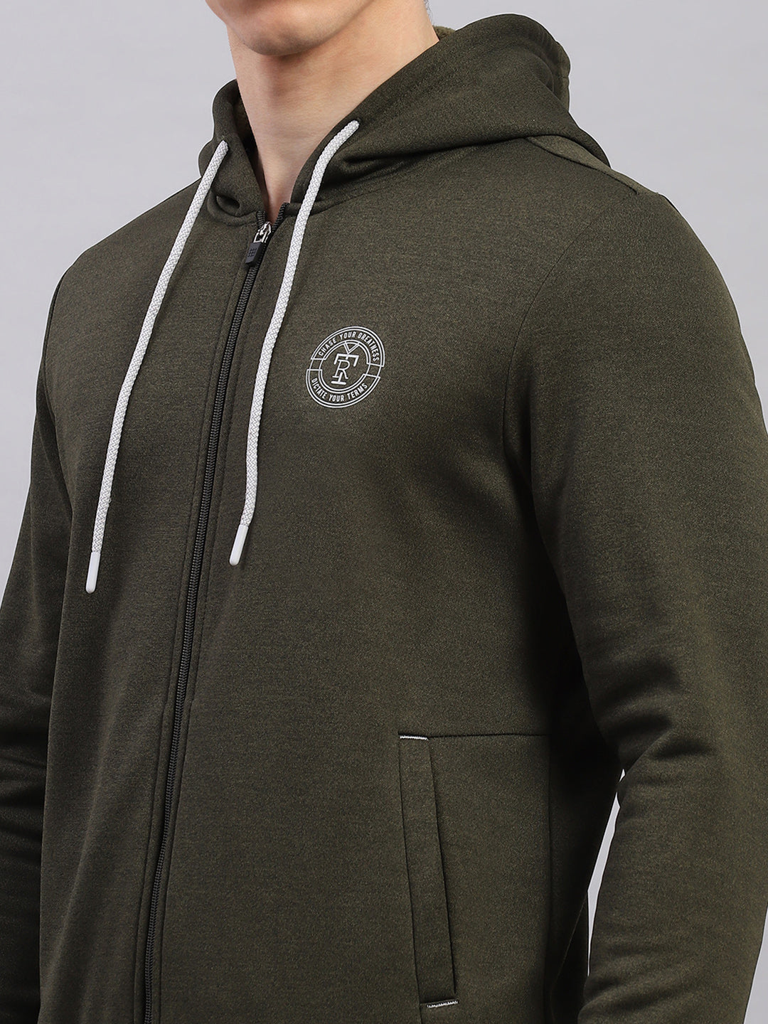 Rock.it Men Olive Self Design Hooded Full Sleeve Sweatshirt