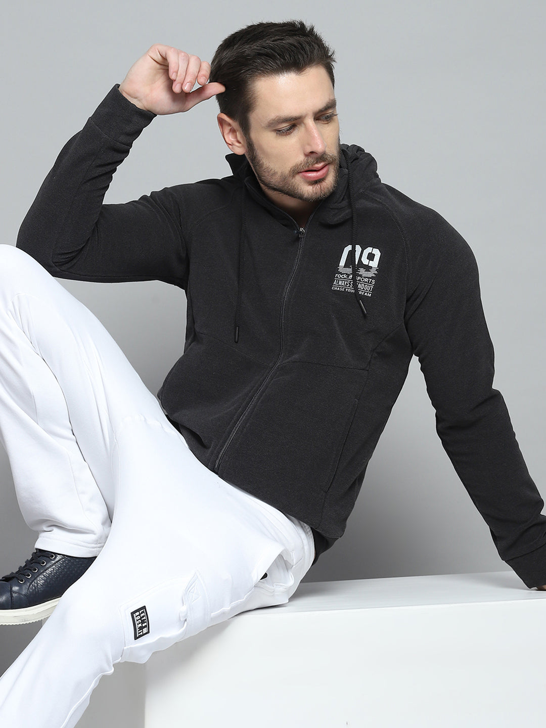 Rock.it Men Charcoal Printed Hooded Full Sleeve Sweatshirt