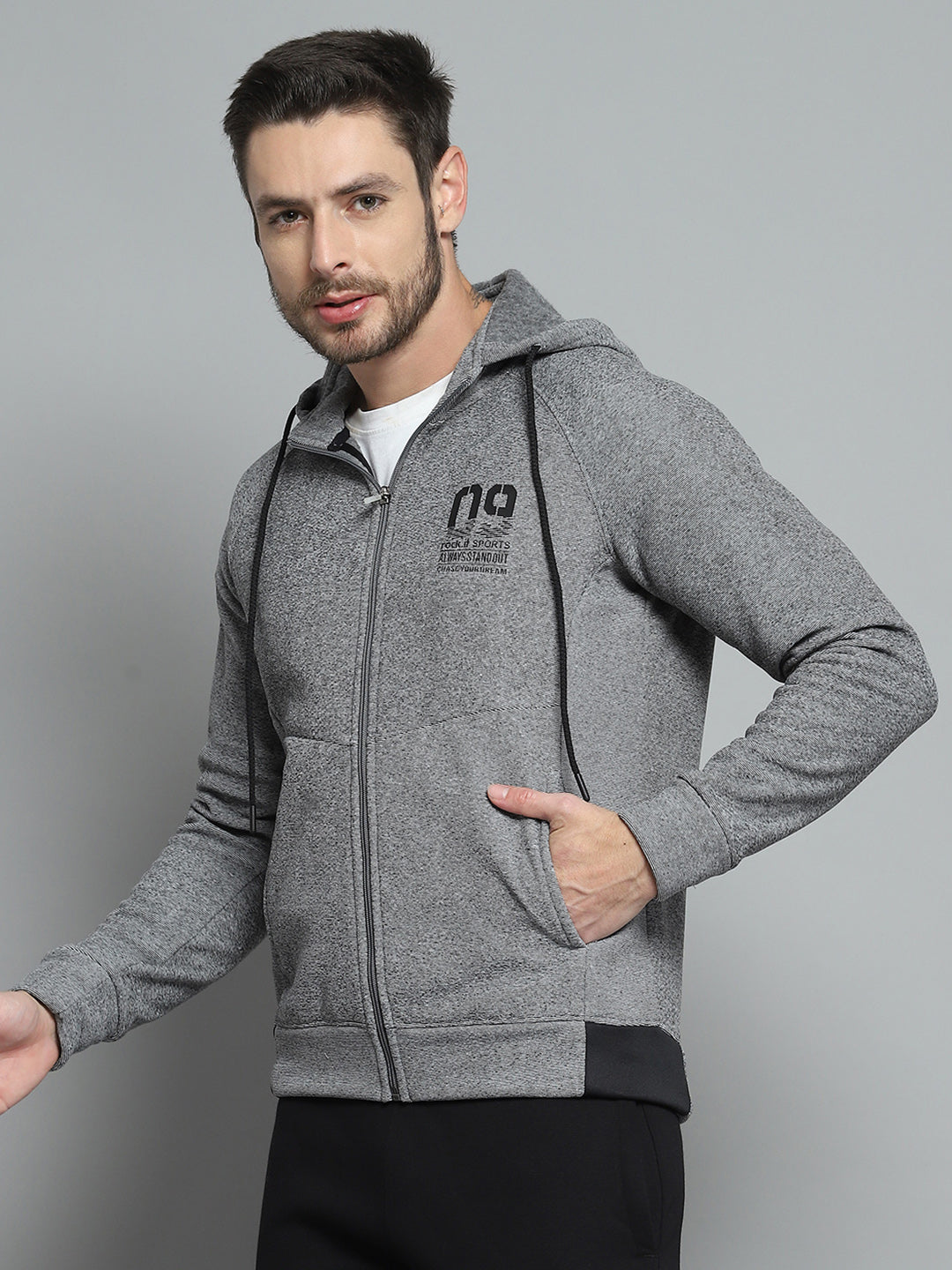 Rock.it Men Grey Printed Hooded Full Sleeve Sweatshirt