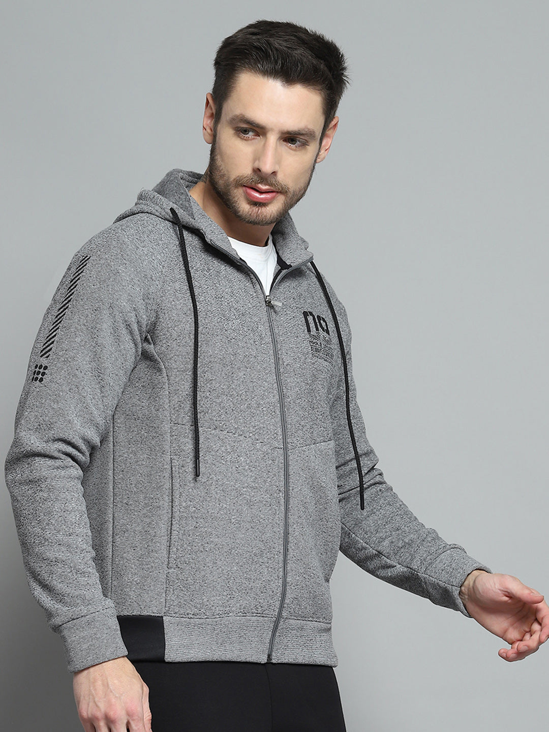 Rock.it Men Grey Printed Hooded Full Sleeve Sweatshirt