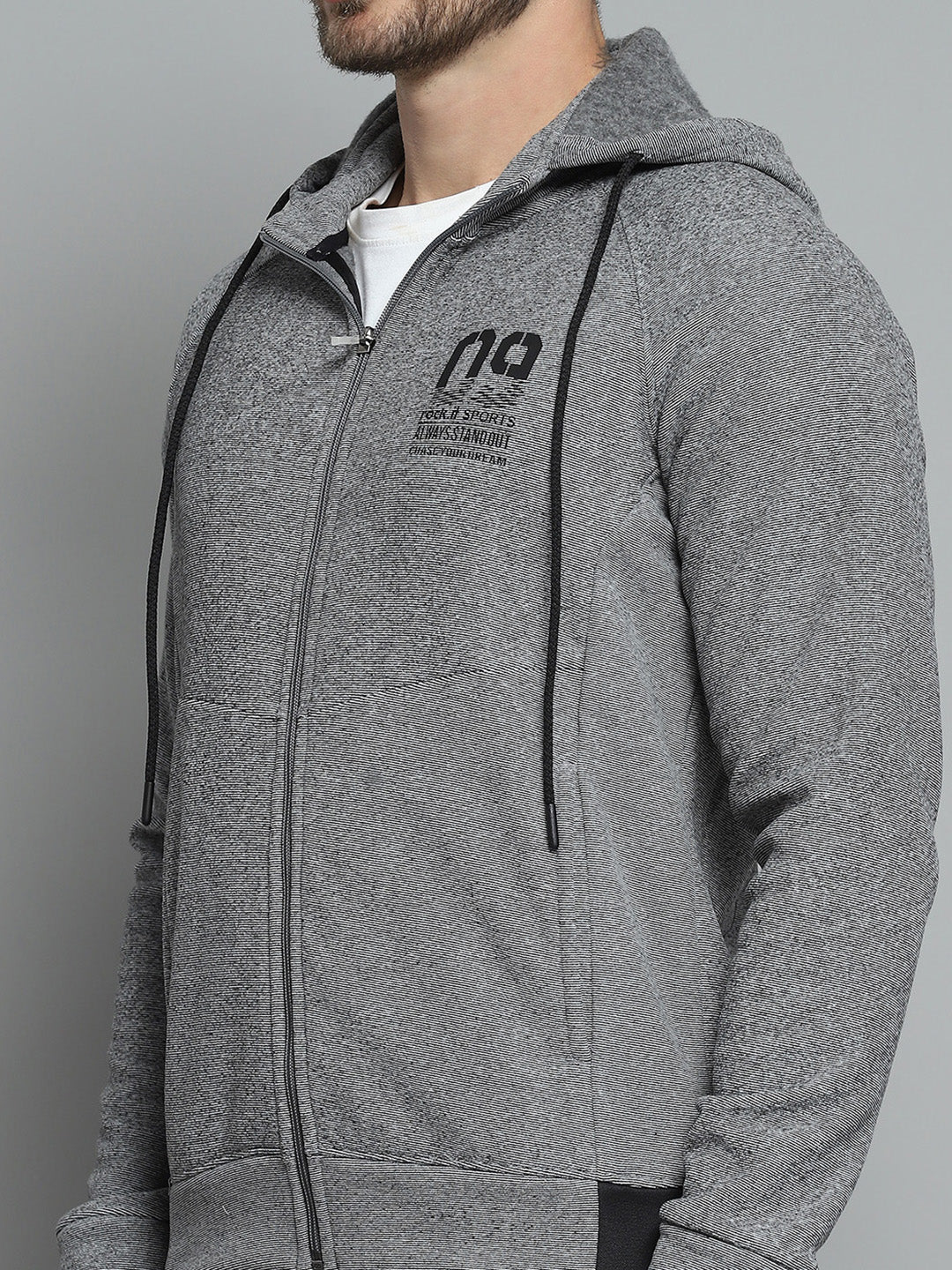 Rock.it Men Grey Printed Hooded Full Sleeve Sweatshirt
