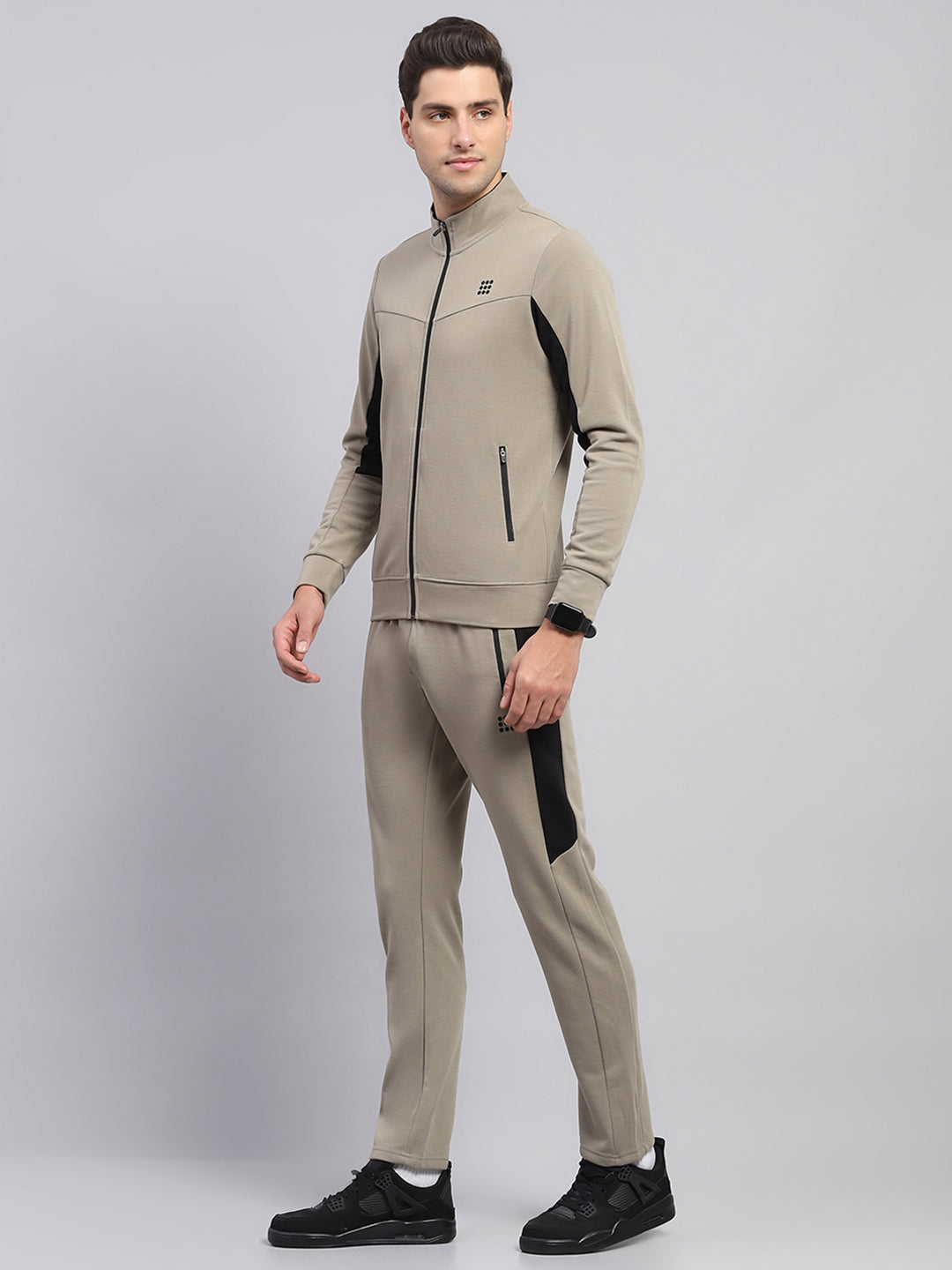 Rock.it Men Beige Printed Round Neck Full Sleeve Winter Tracksuit