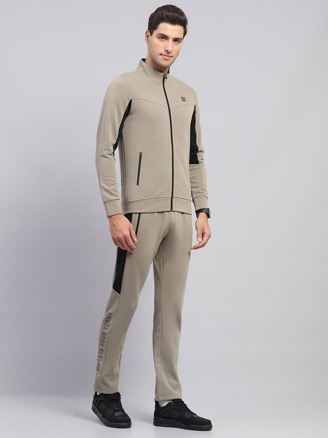Rock.it Men Beige Printed Round Neck Full Sleeve Winter Tracksuit