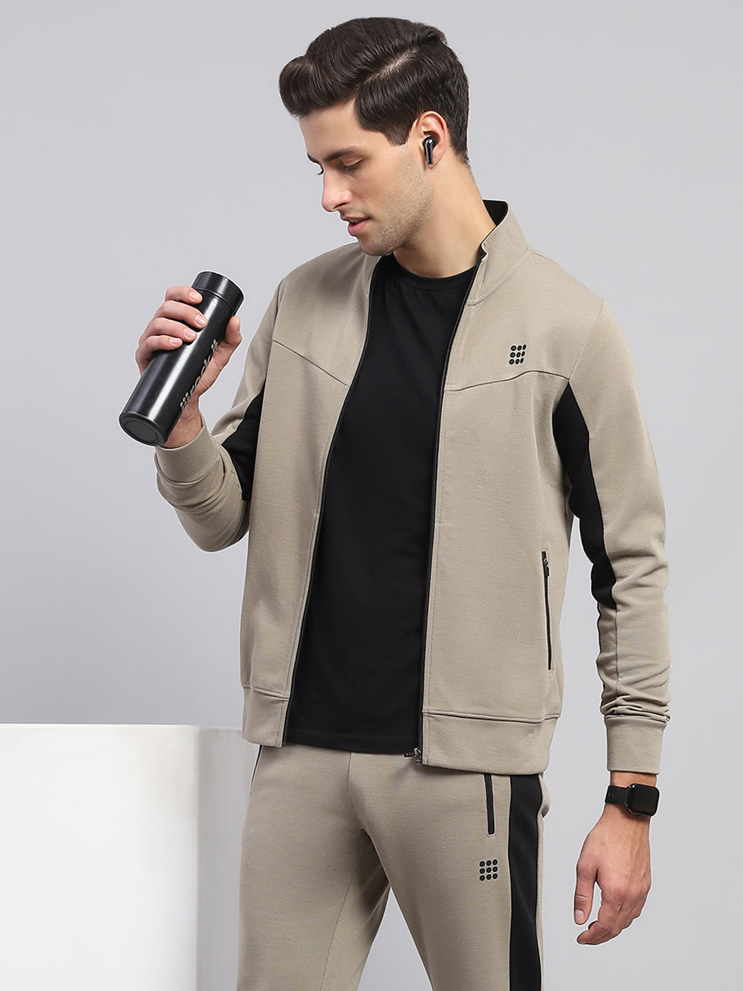 Rock.it Men Beige Printed Round Neck Full Sleeve Winter Tracksuit