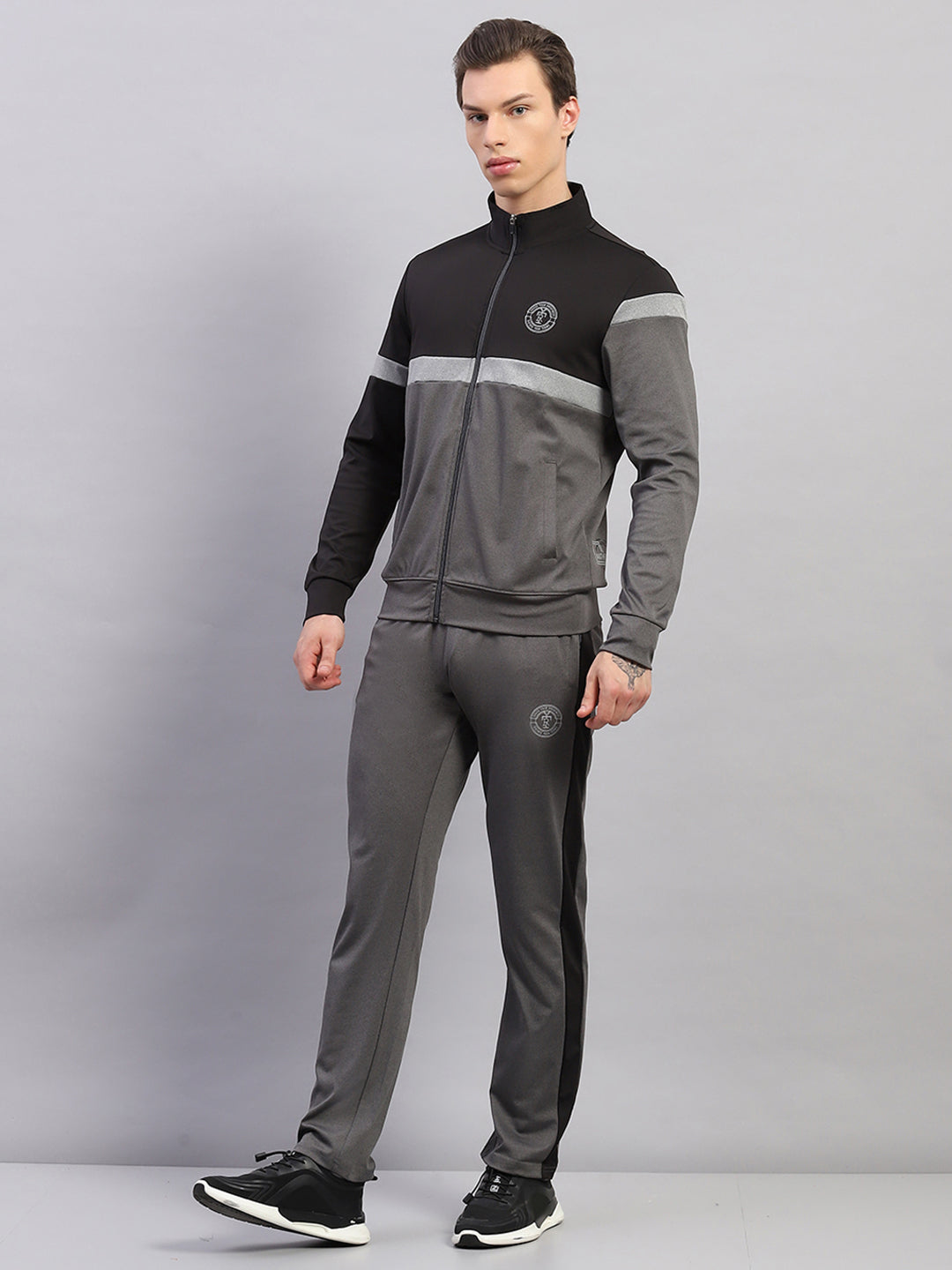 Rock.it Men Grey Printed Round Neck Full Sleeve Winter Tracksuit