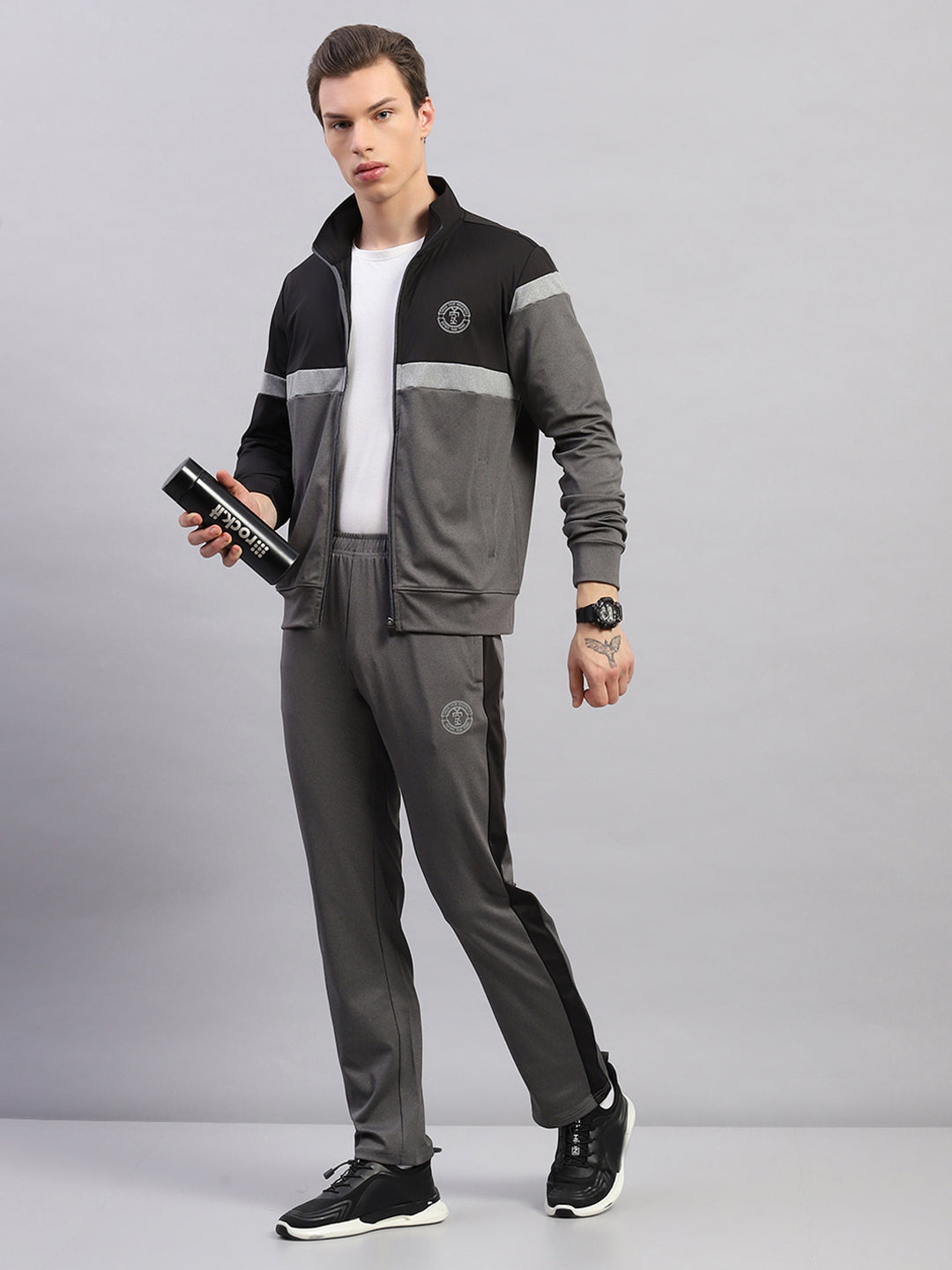 Rock.it Men Grey Printed Round Neck Full Sleeve Winter Tracksuit