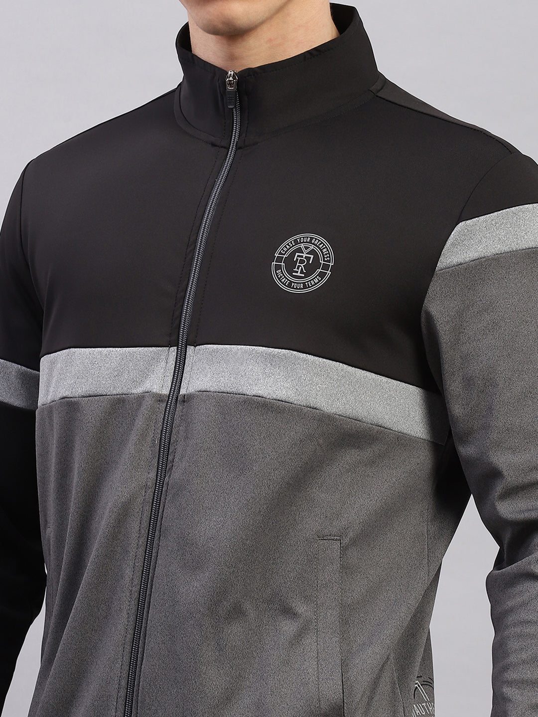 Rock.it Men Grey Printed Round Neck Full Sleeve Winter Tracksuit