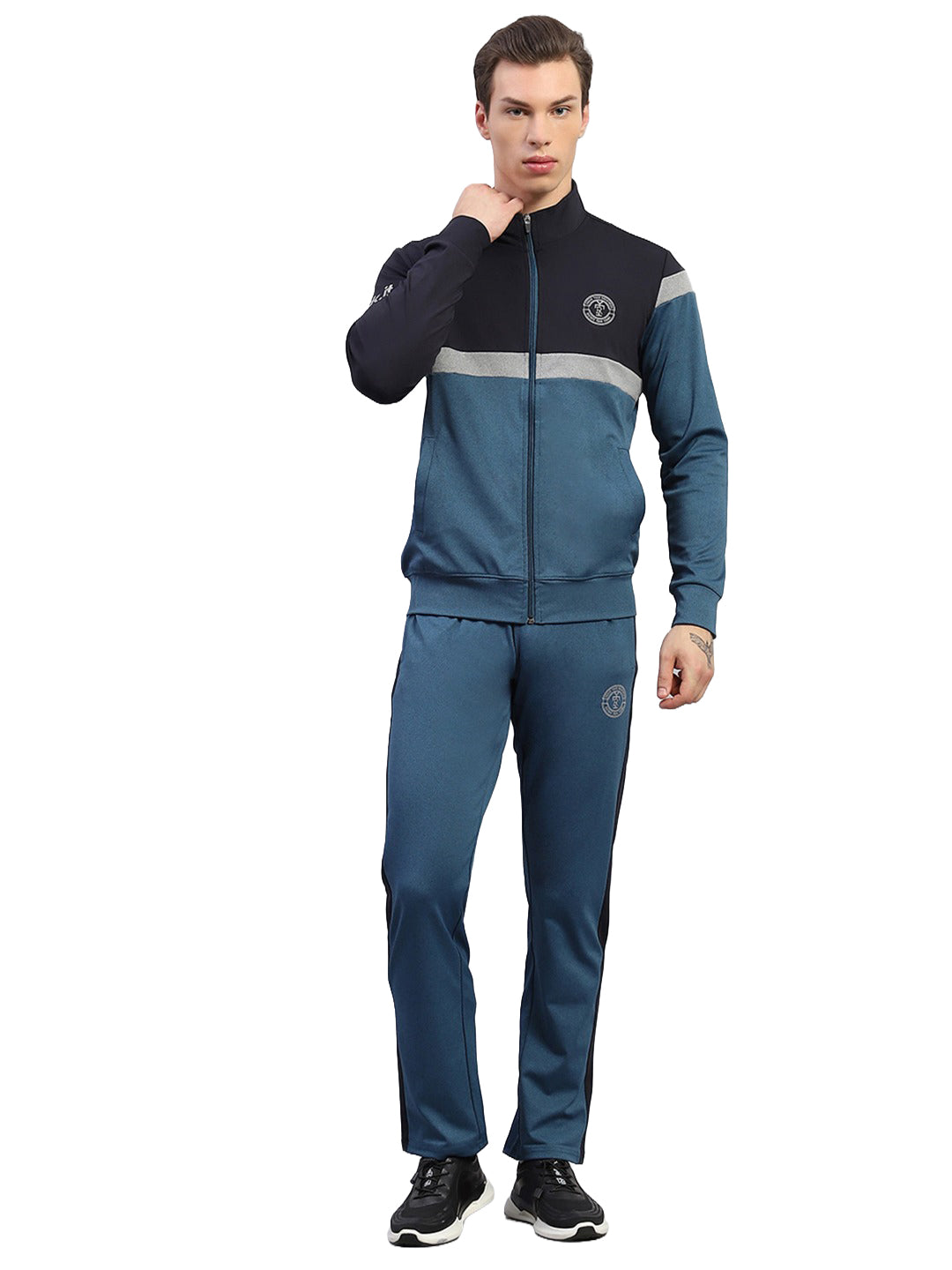 Rock.it Men Teal Blue Printed Round Neck Full Sleeve Winter Tracksuit