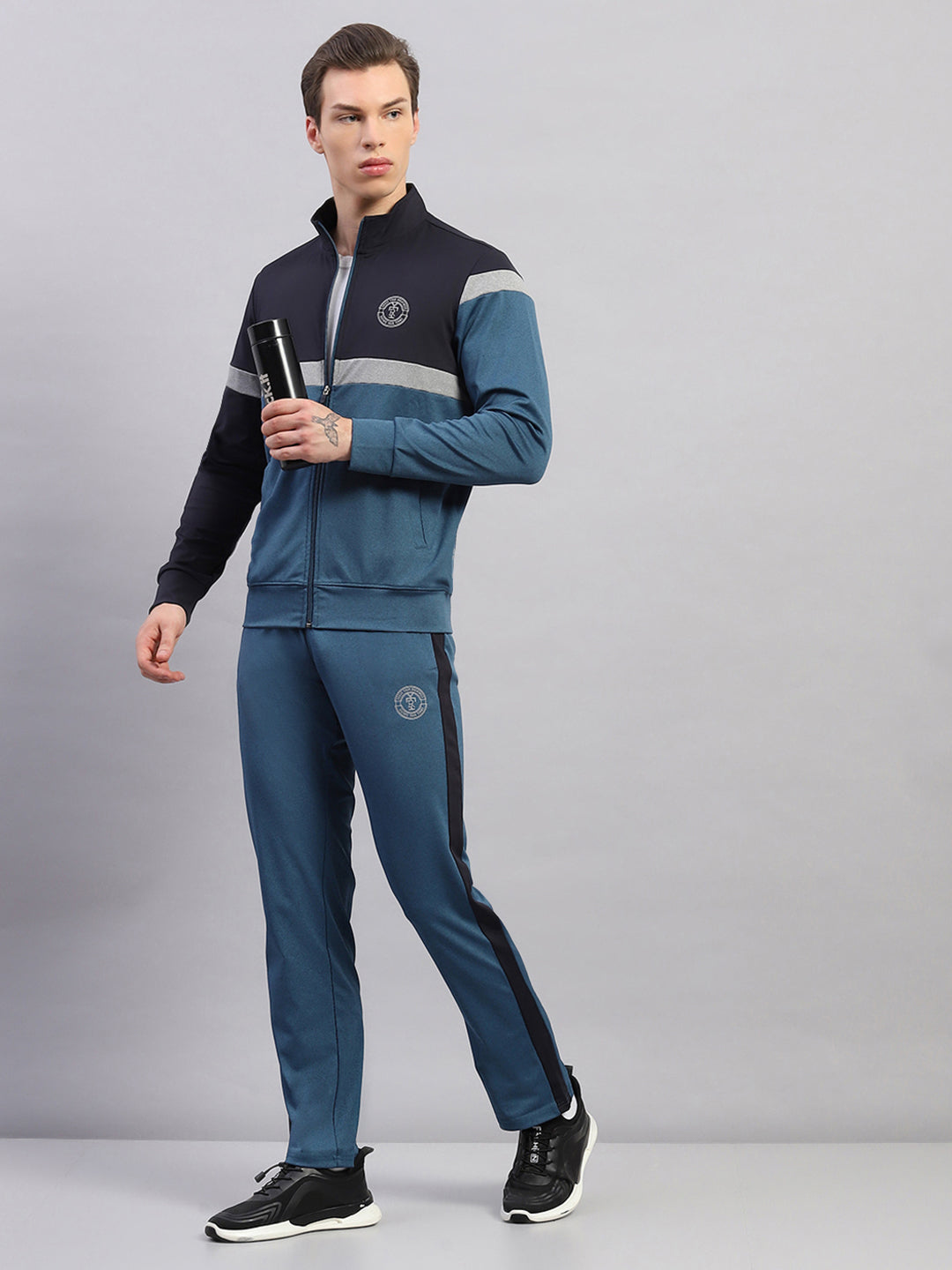 Rock.it Men Teal Blue Printed Round Neck Full Sleeve Winter Tracksuit
