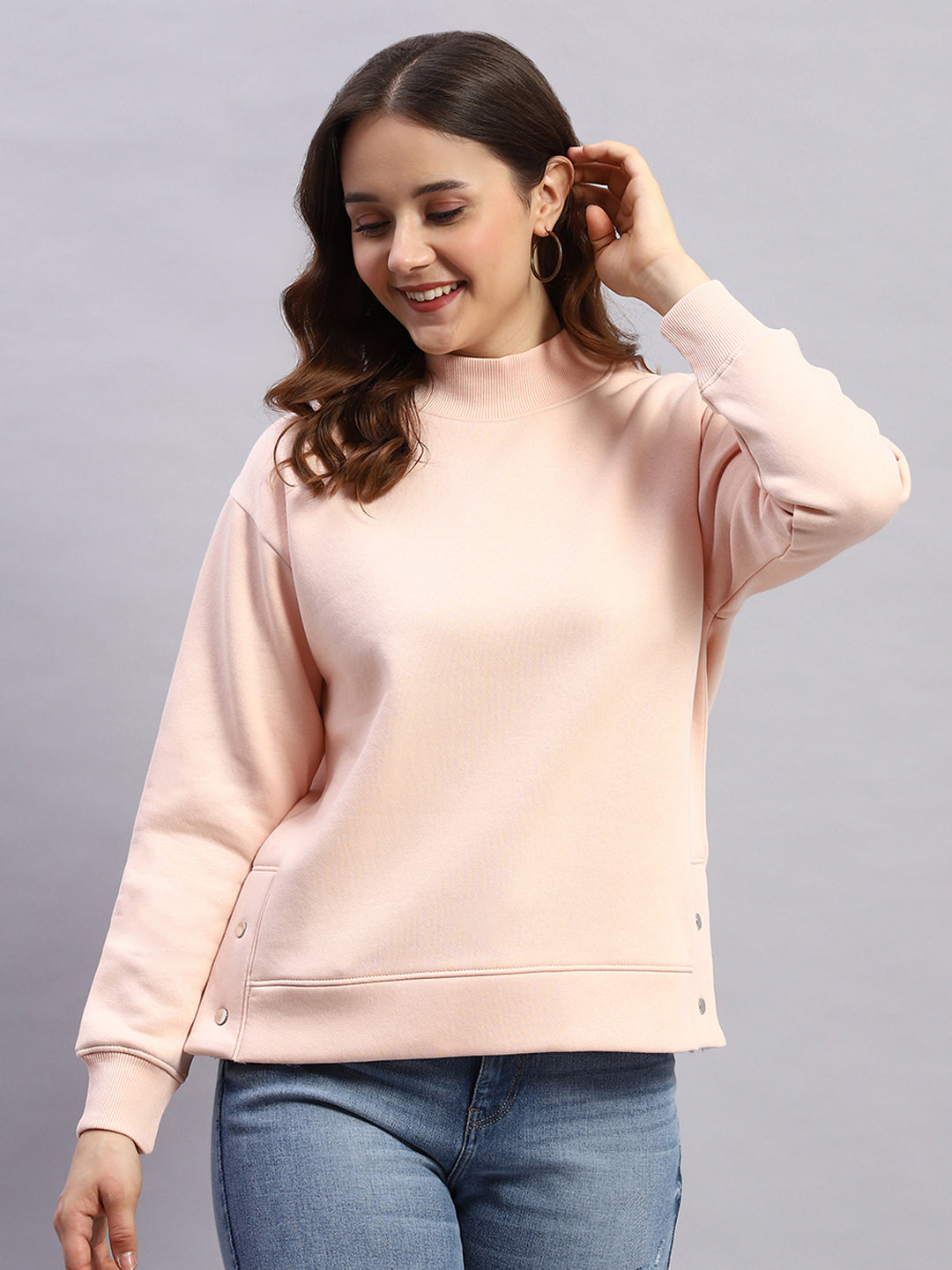 Rock.it Women Peach Solid High Neck Full Sleeve Sweatshirt