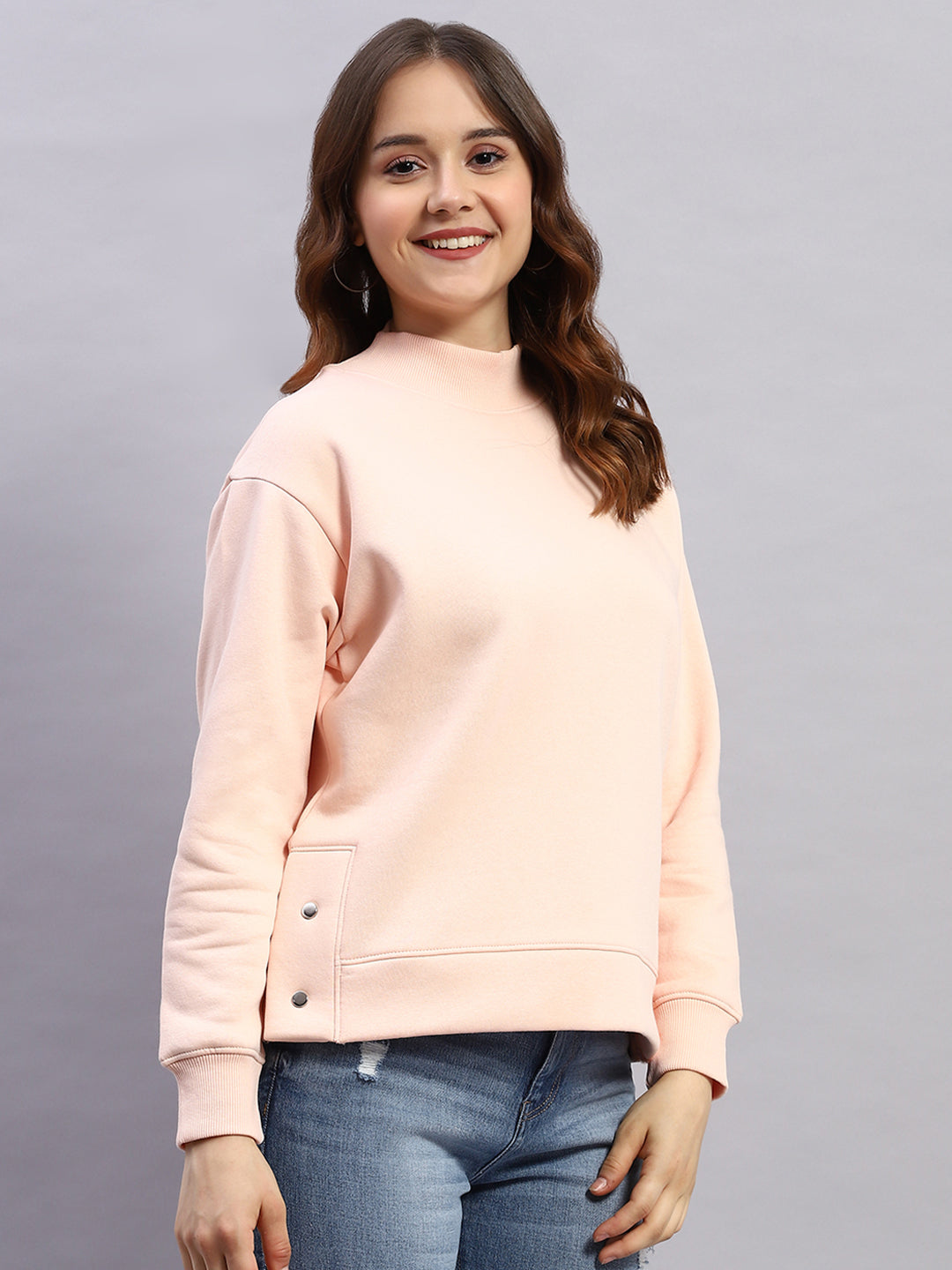 Rock.it Women Peach Solid High Neck Full Sleeve Sweatshirt