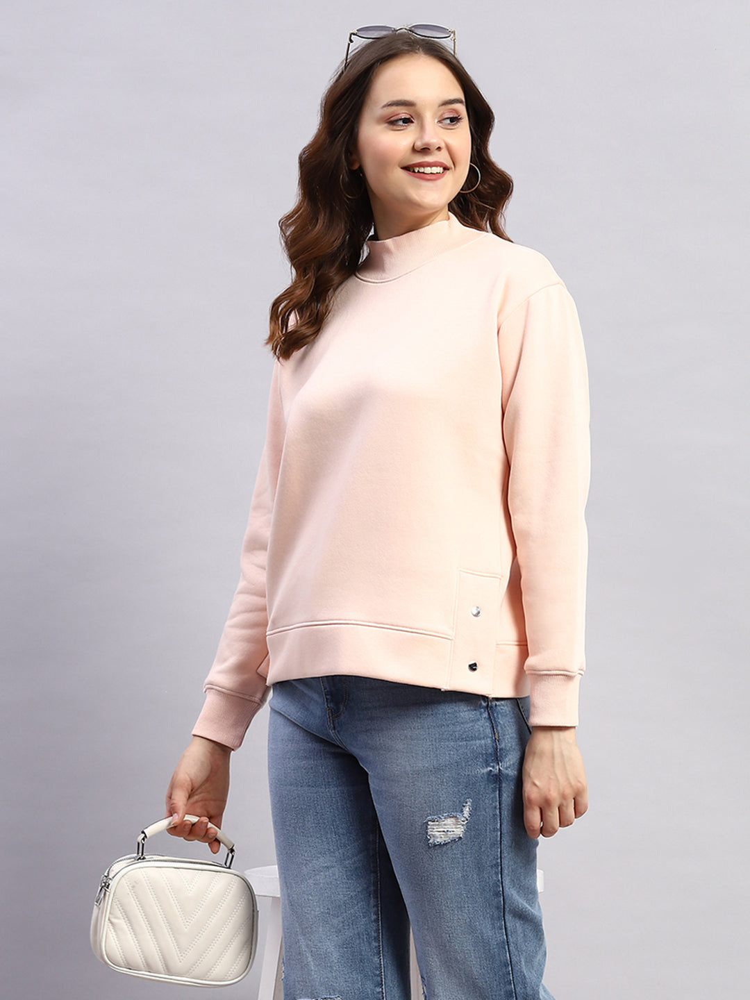Rock.it Women Peach Solid High Neck Full Sleeve Sweatshirt