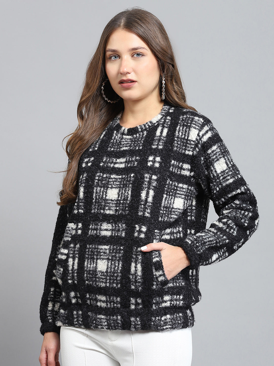 Rock.it Women Black Self Design Round Neck Full Sleeve Sweatshirt