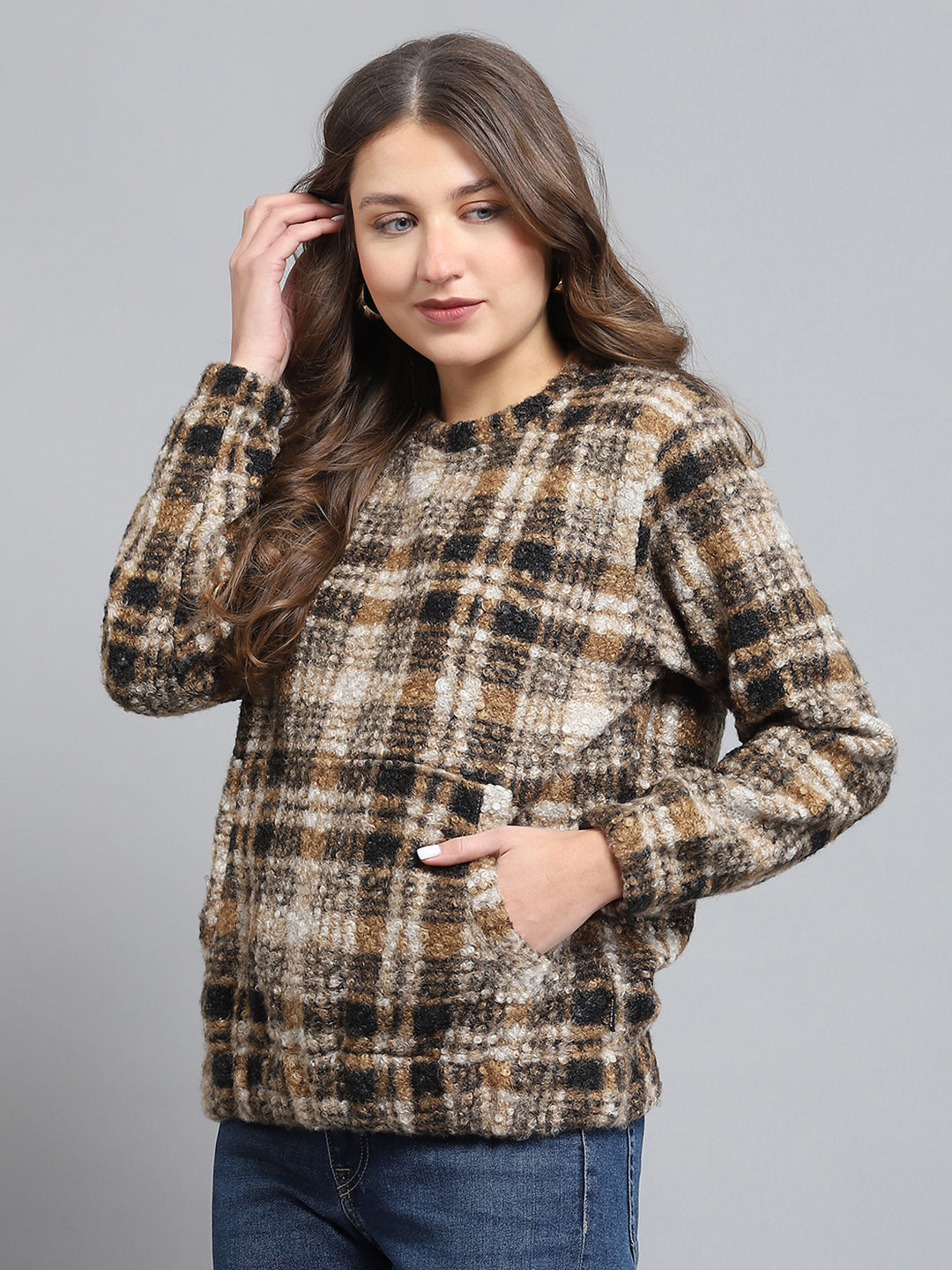 Rock.it Women Brown Self Design Round Neck Full Sleeve Sweatshirt