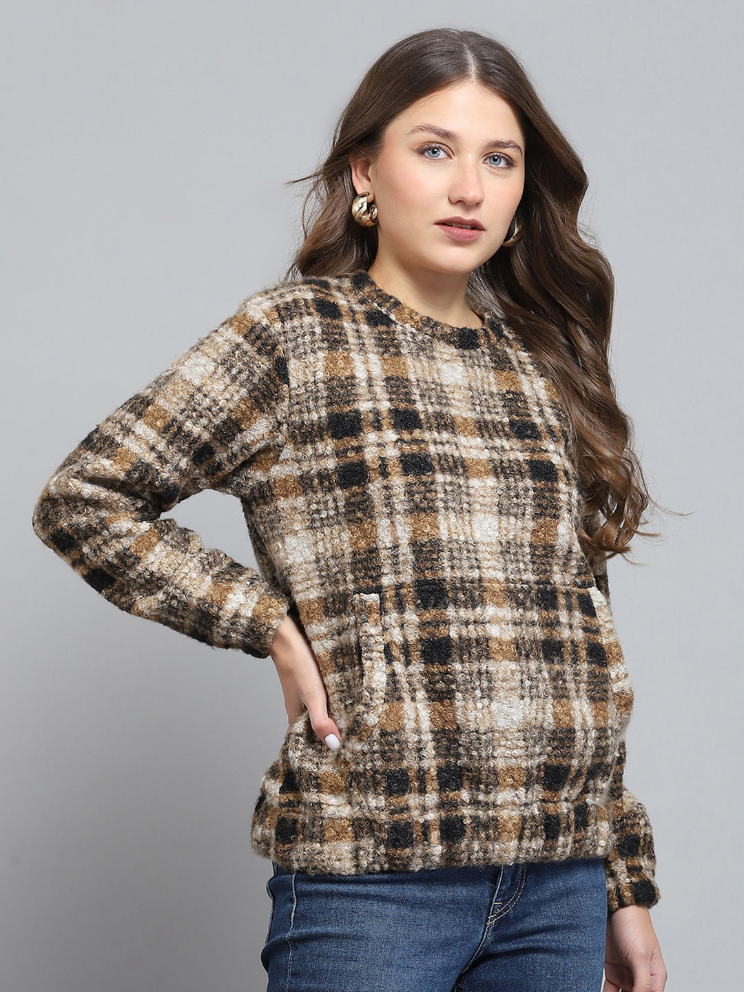 Rock.it Women Brown Self Design Round Neck Full Sleeve Sweatshirt