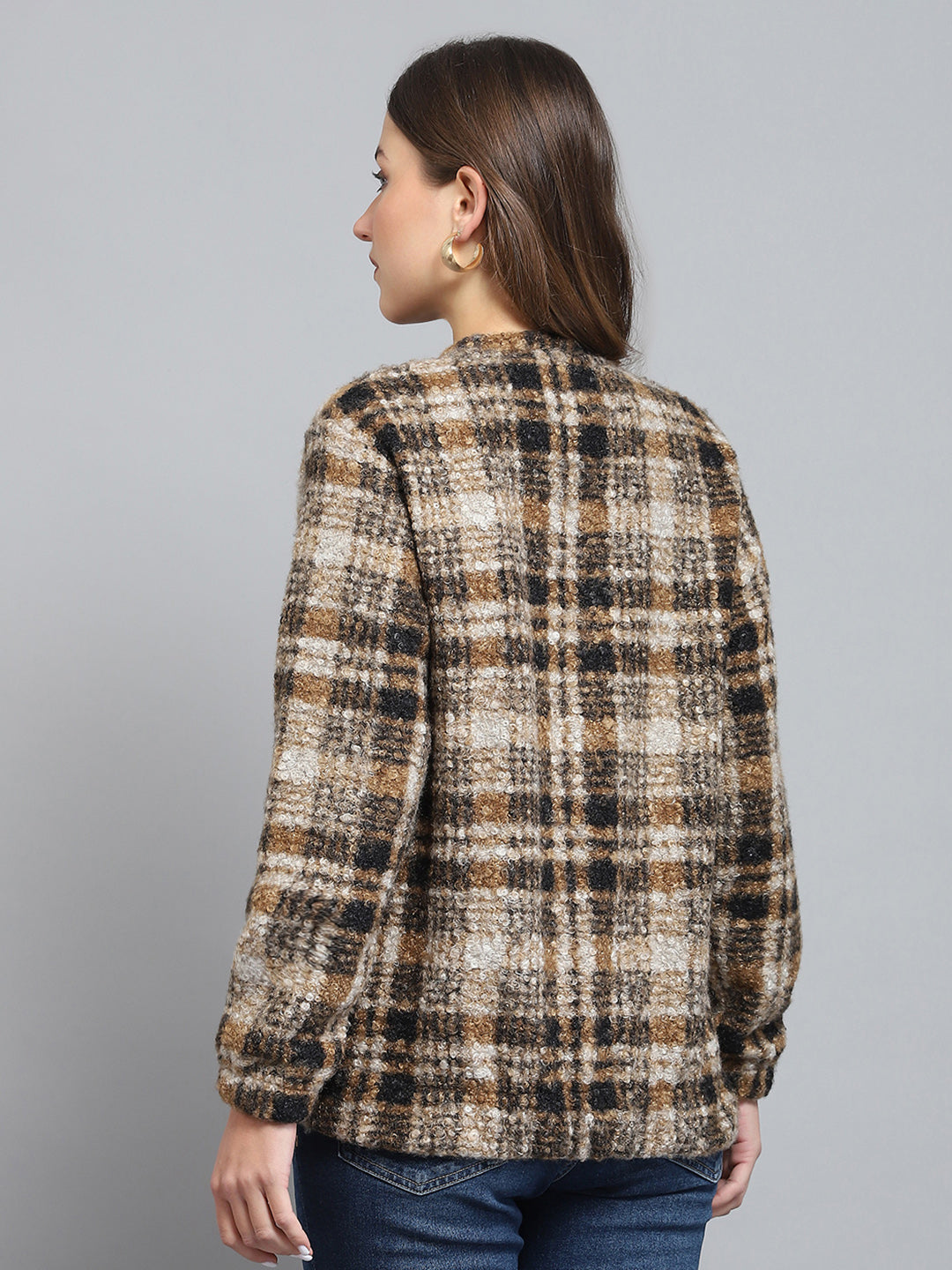 Rock.it Women Brown Self Design Round Neck Full Sleeve Sweatshirt