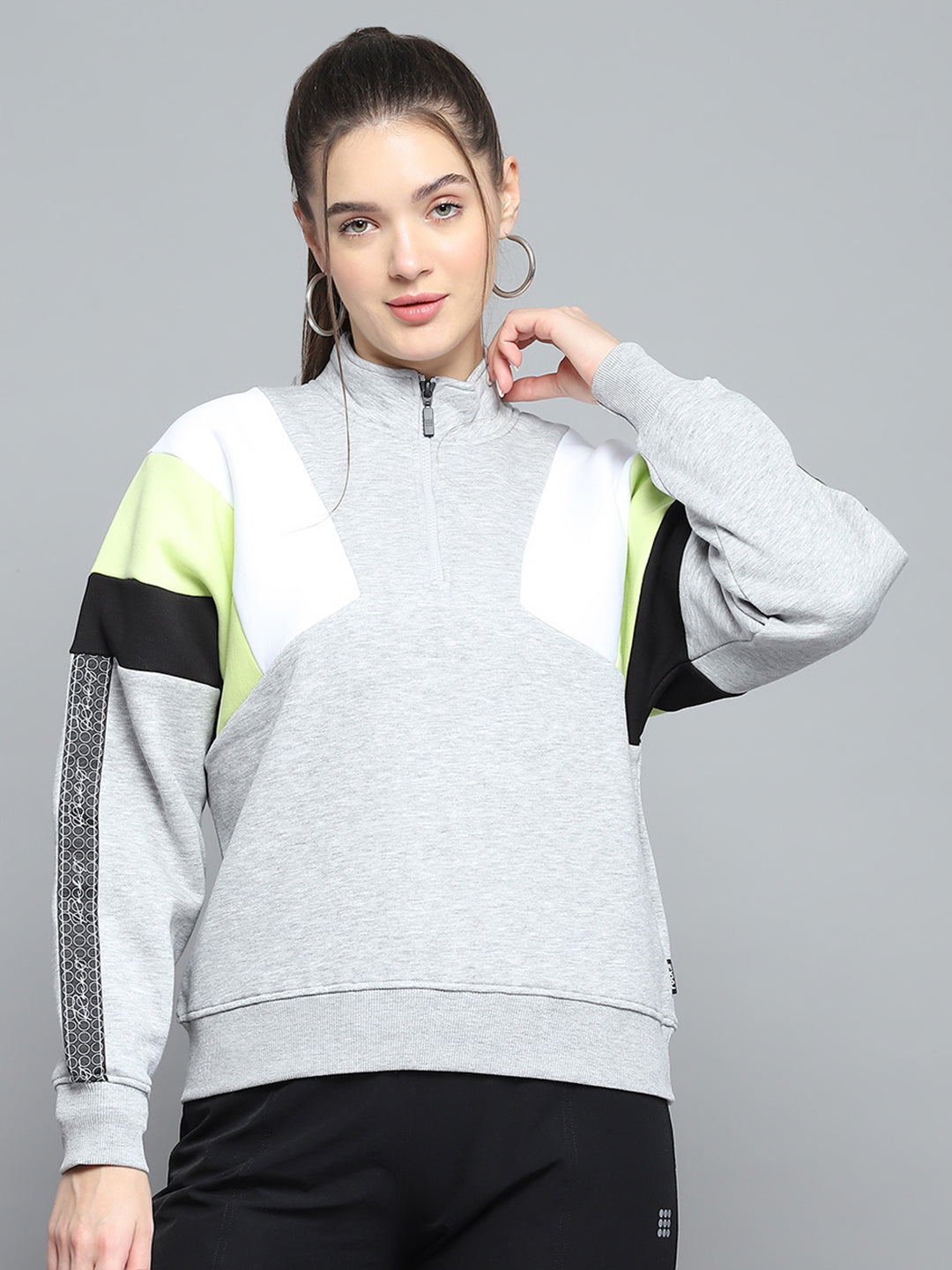 Rock.it Women Grey Solid Mock Neck Full Sleeve Sweatshirt